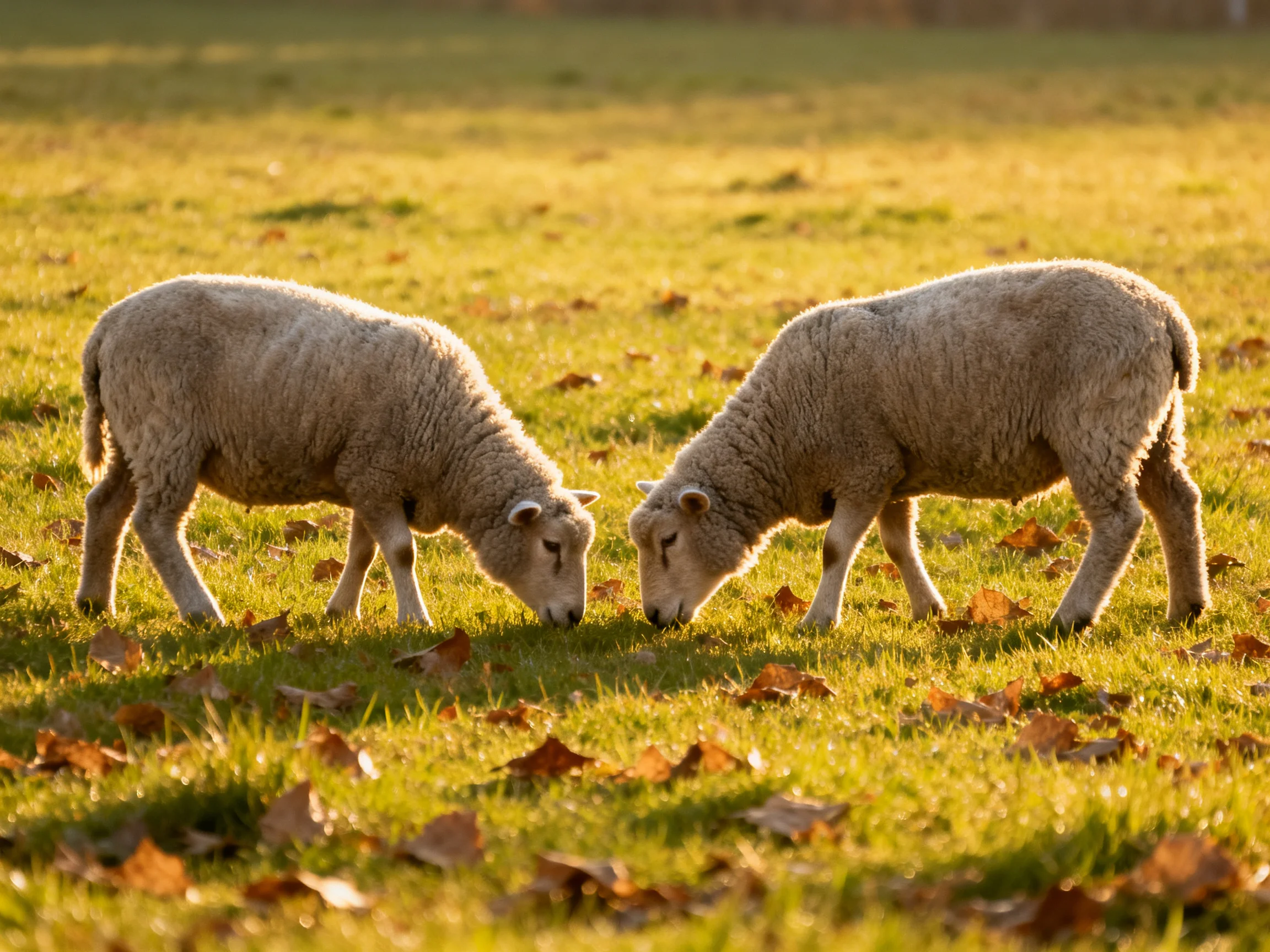 Two woolly lambs graze in an autumnal grassy field
