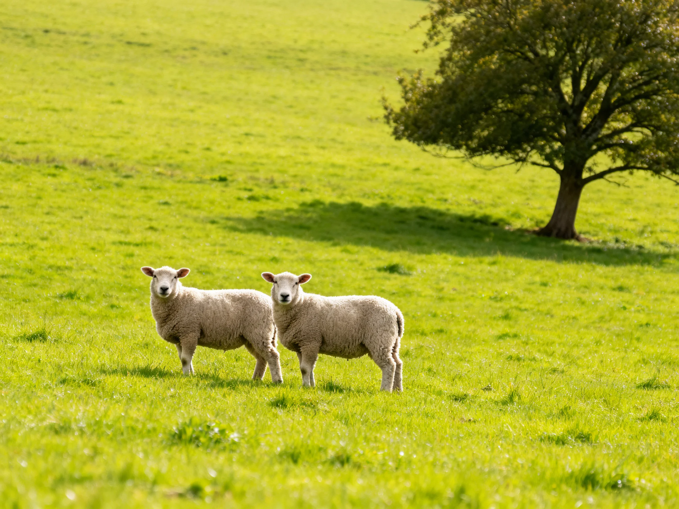 Two woolly lambs in a lush green pasture near a solitary tree