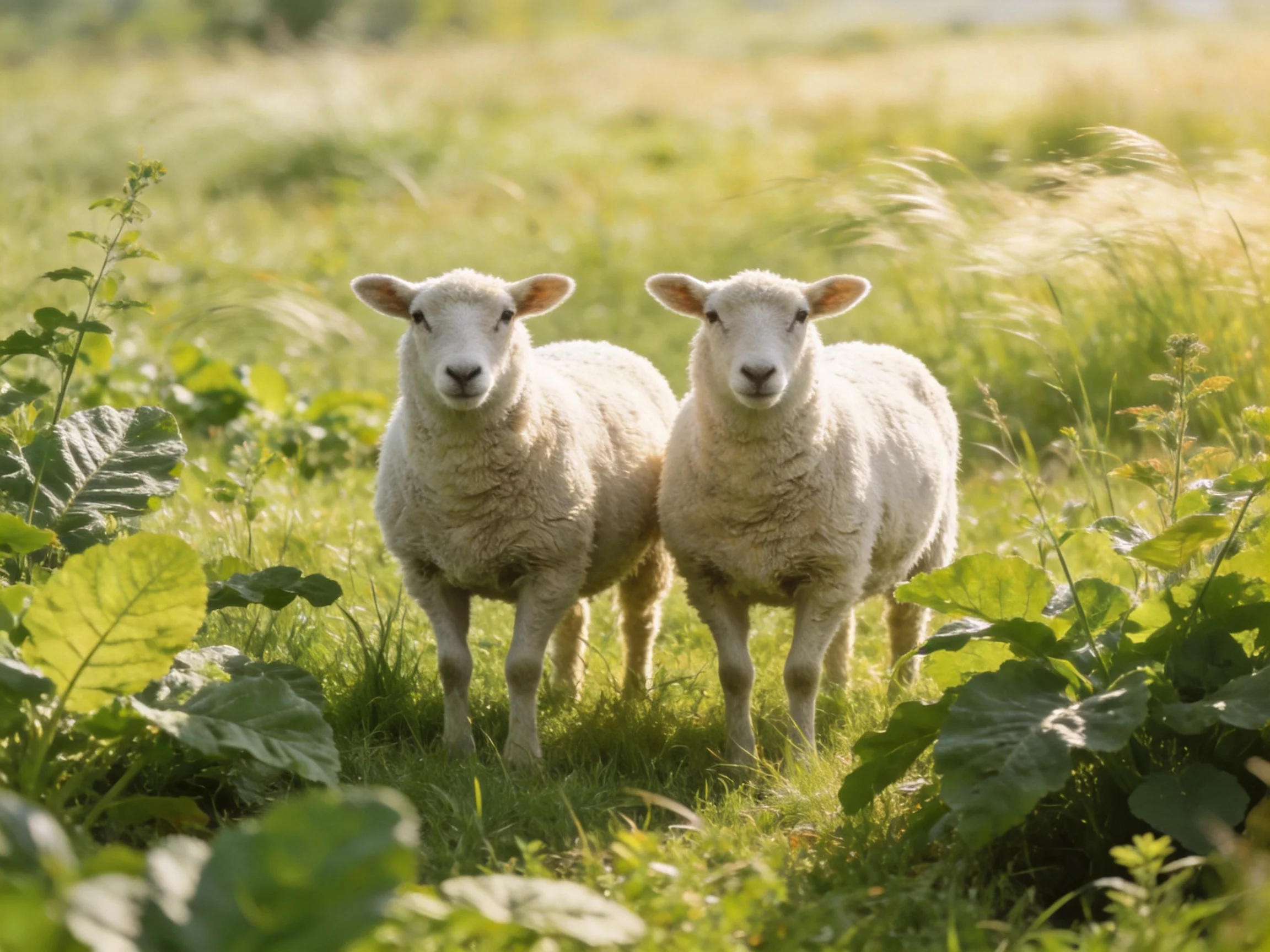 Two woolly lambs in a sun-drenched green pasture