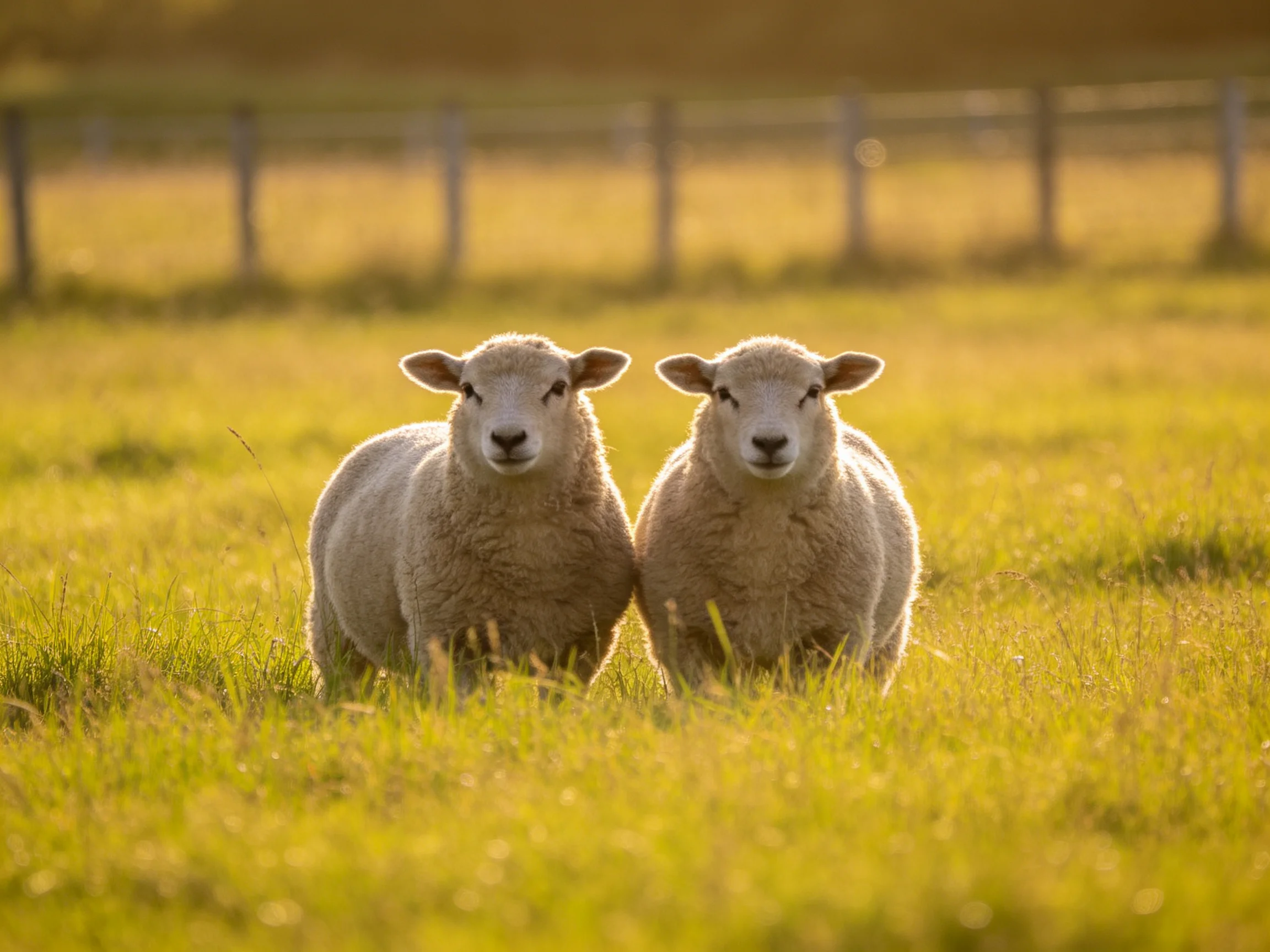 Two woolly lambs in a sun-drenched green pasture