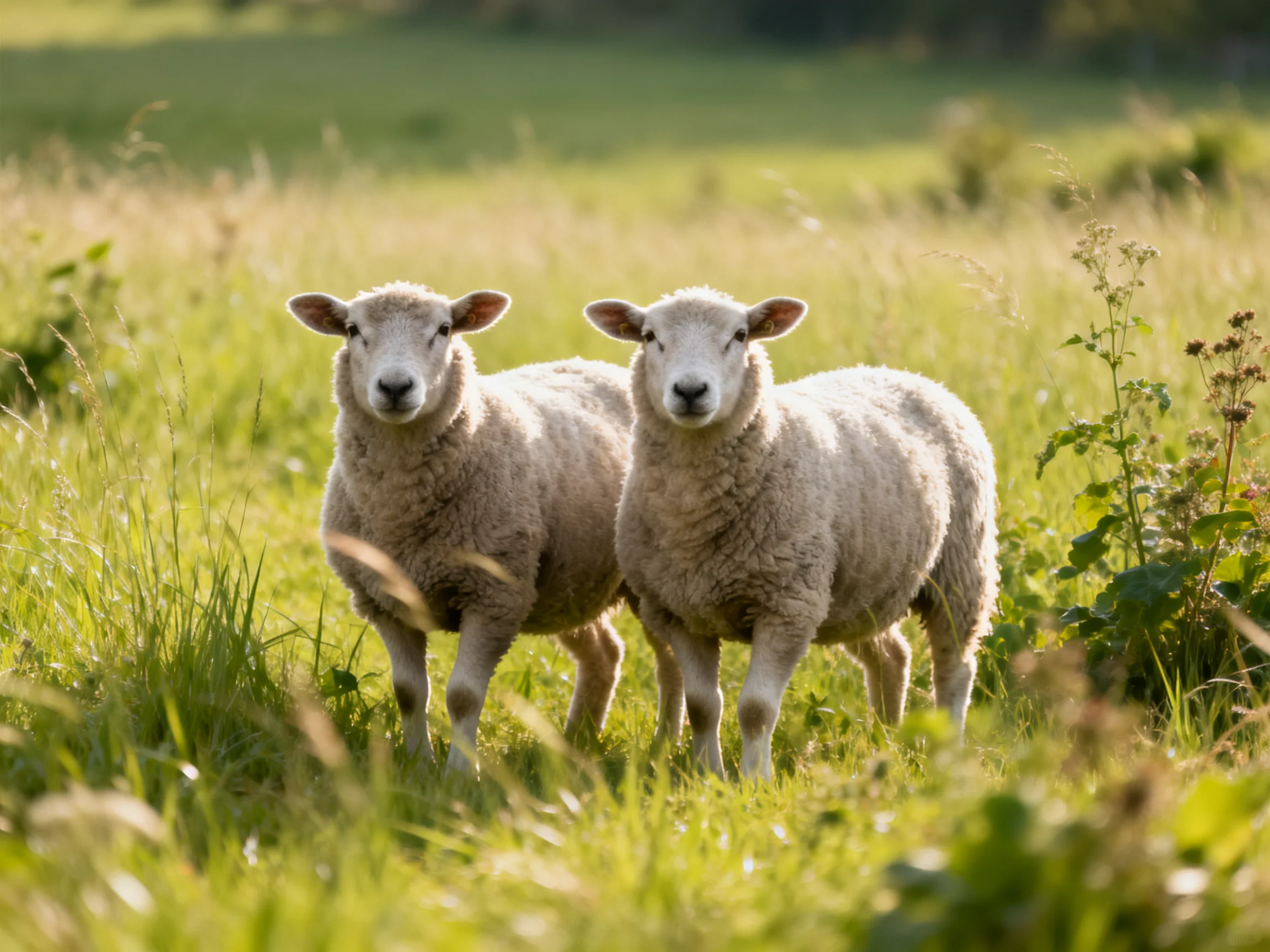Two woolly lambs in a sunlit grassy field