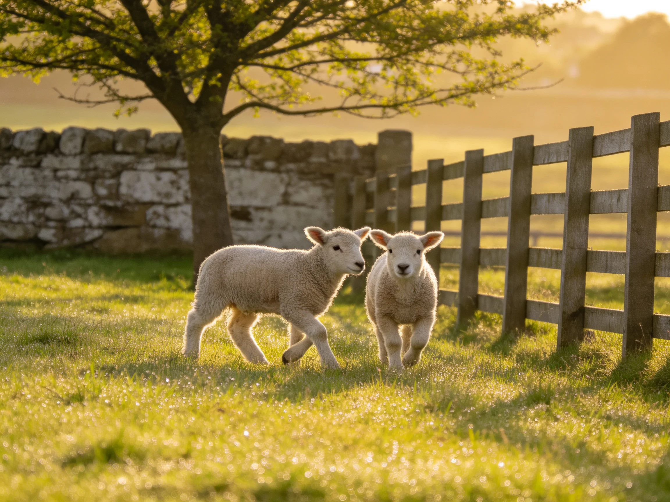Two woolly lambs move near a wooden fence in a sunlit pasture