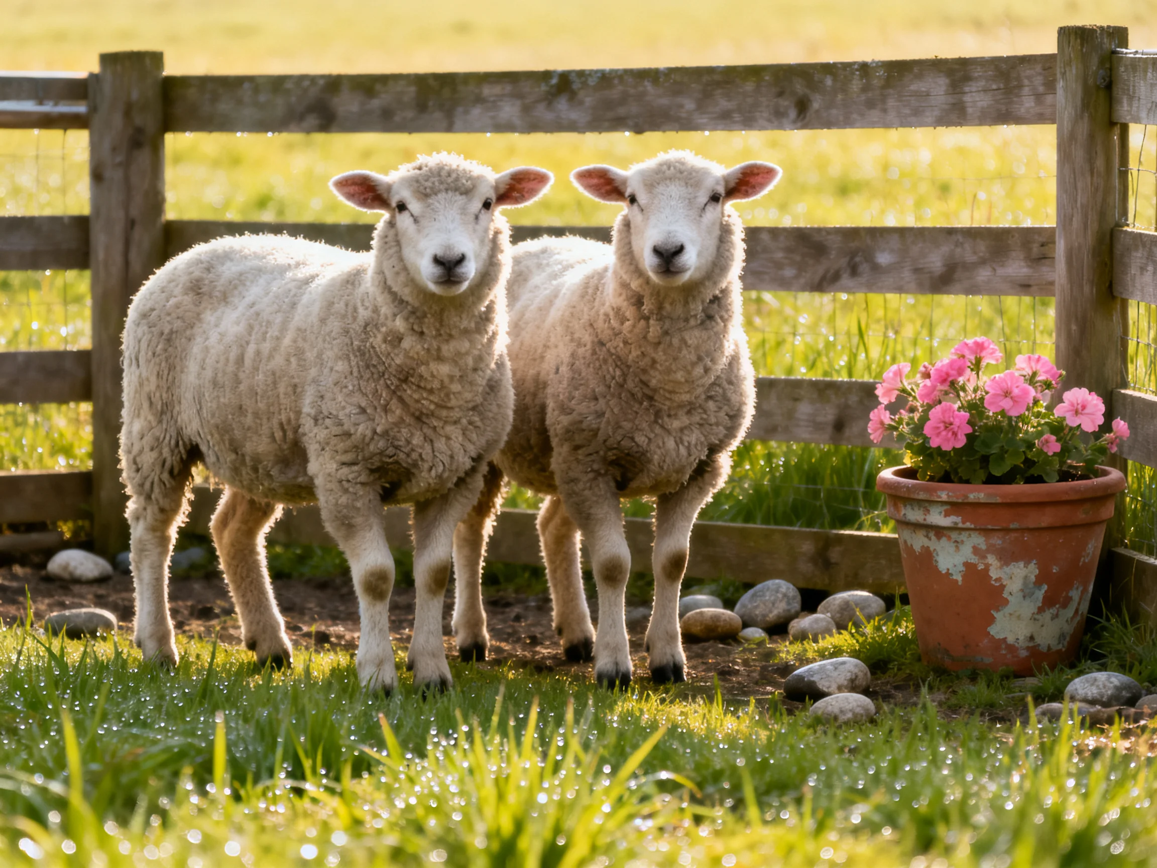 Two woolly lambs near a wooden fence with pink flowers