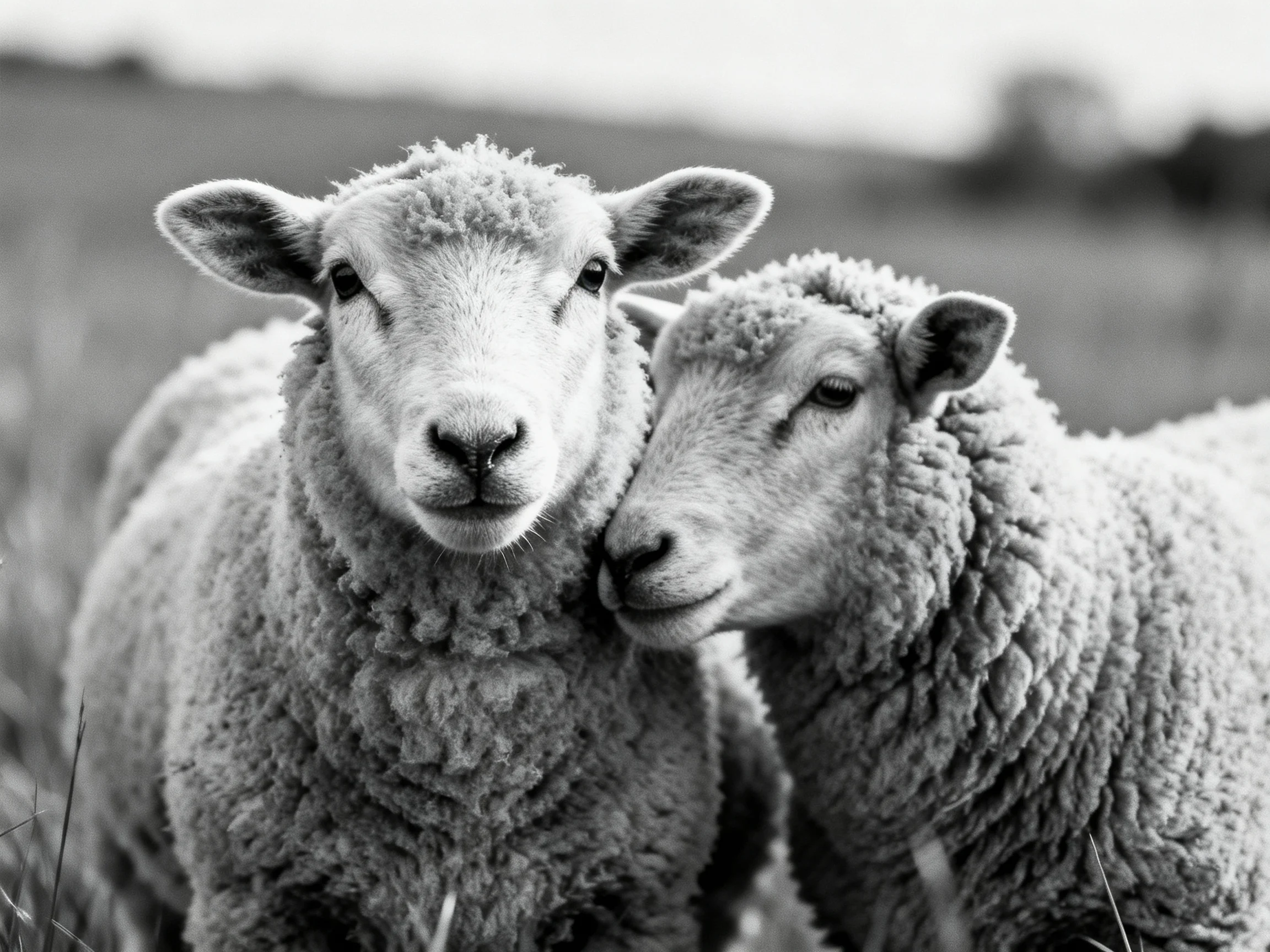Two woolly lambs nuzzling in a monochrome landscape