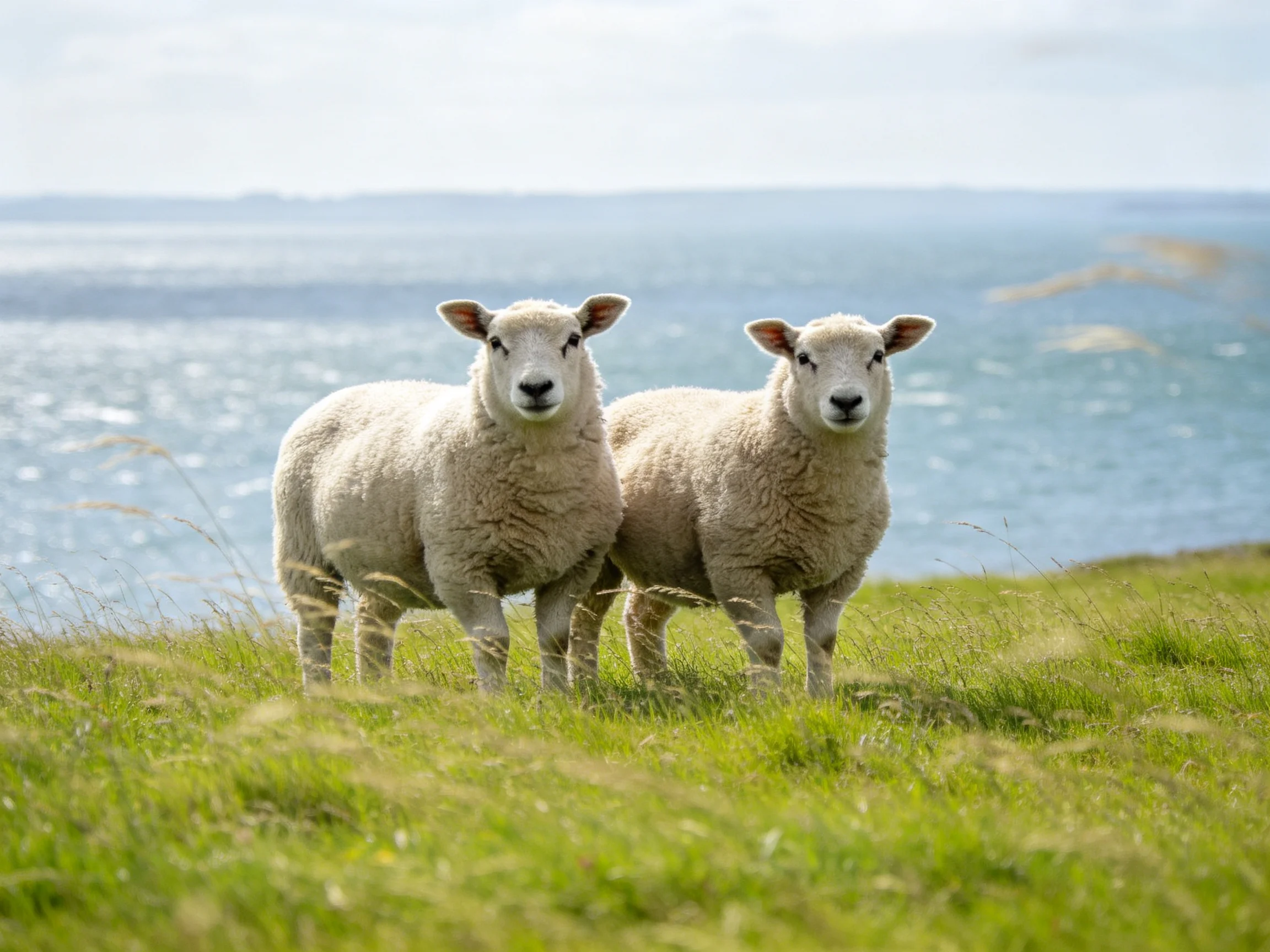Two woolly lambs on green hillside by blue sea
