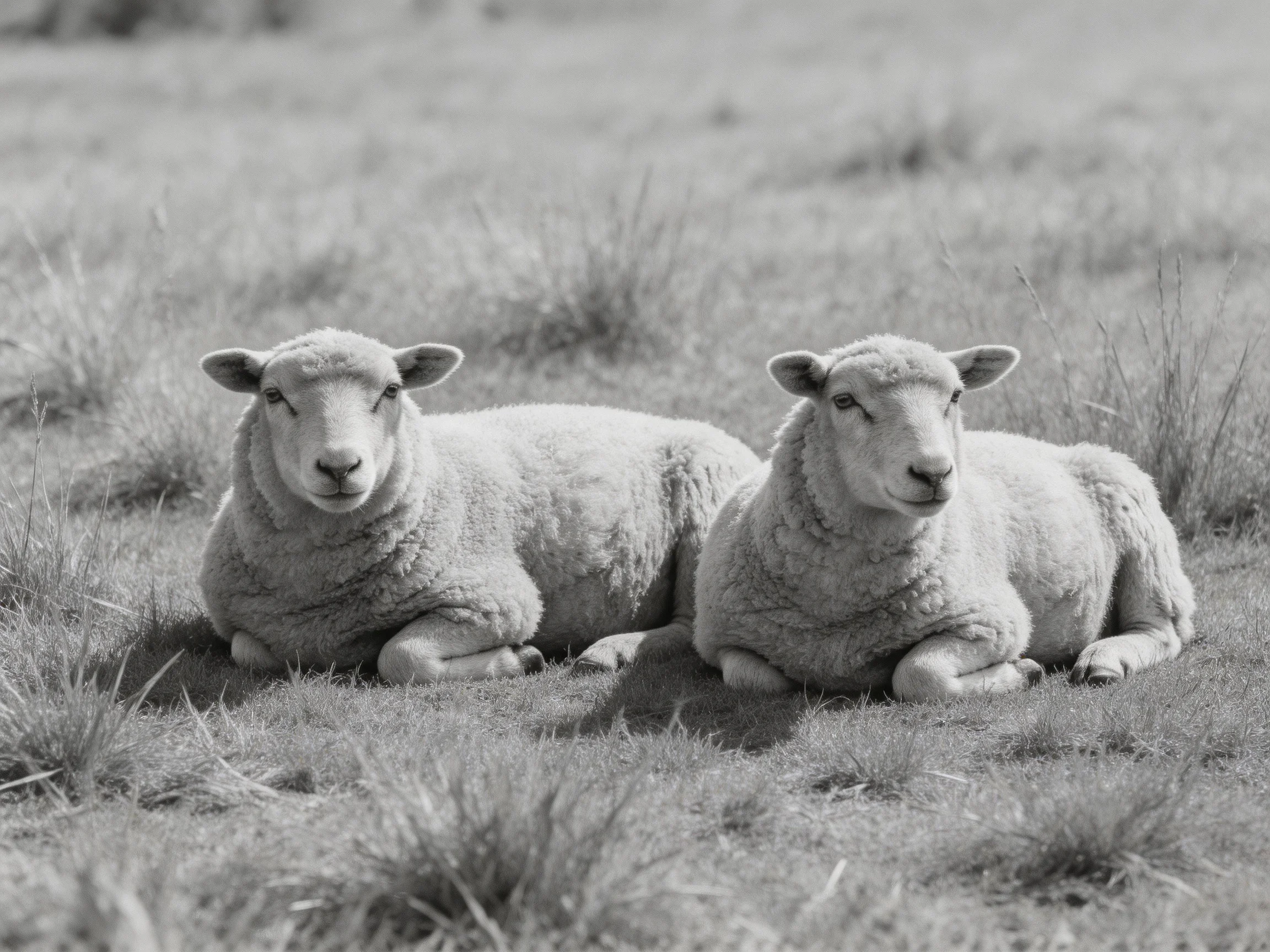 Two woolly lambs resting in a grassy field