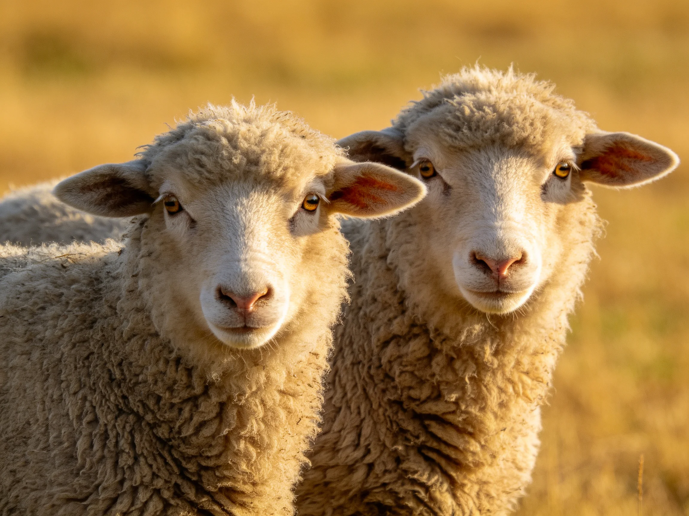 Two woolly lambs stand close in a golden field