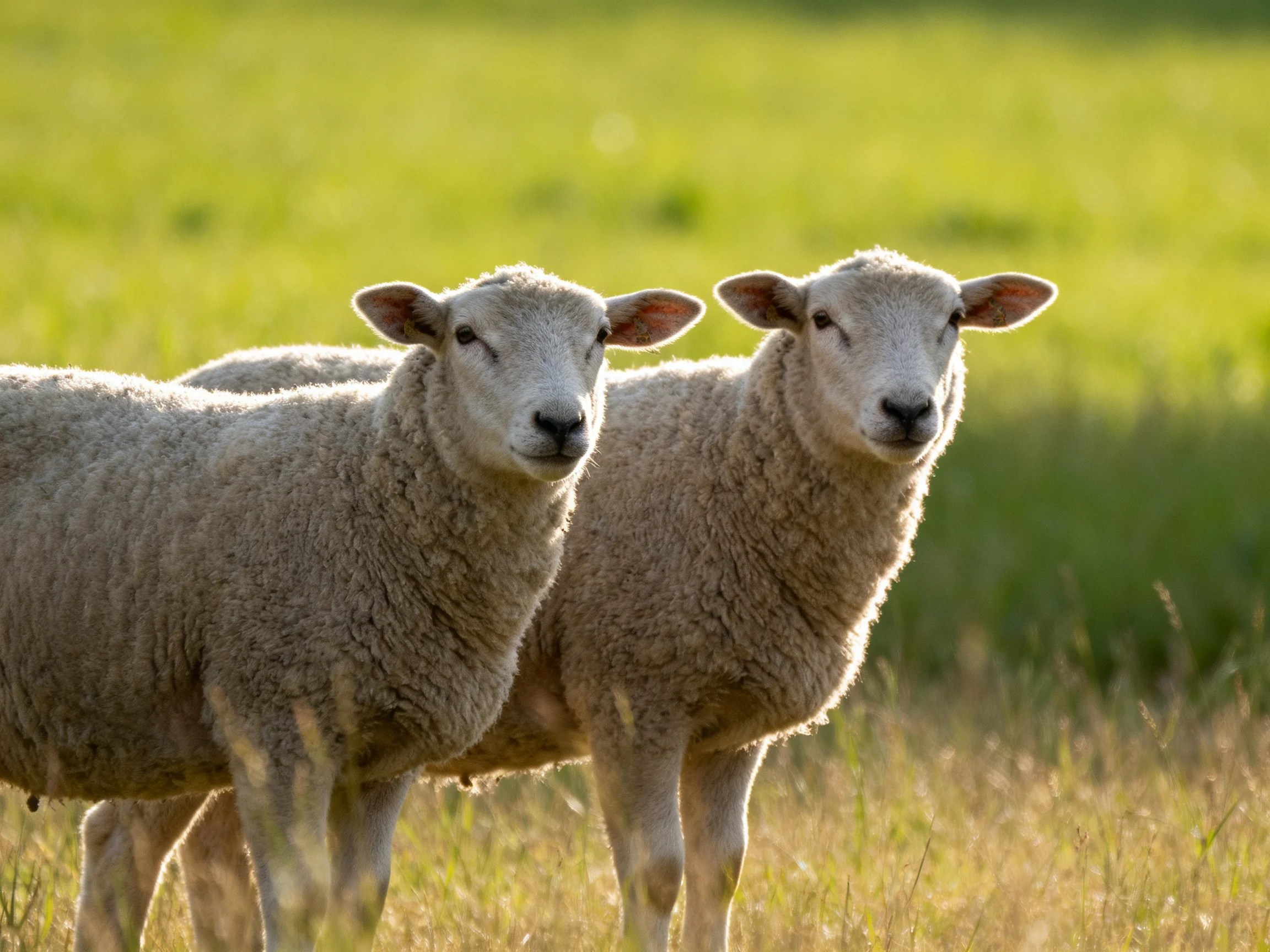 Two woolly lambs stand in a sunlit green pasture