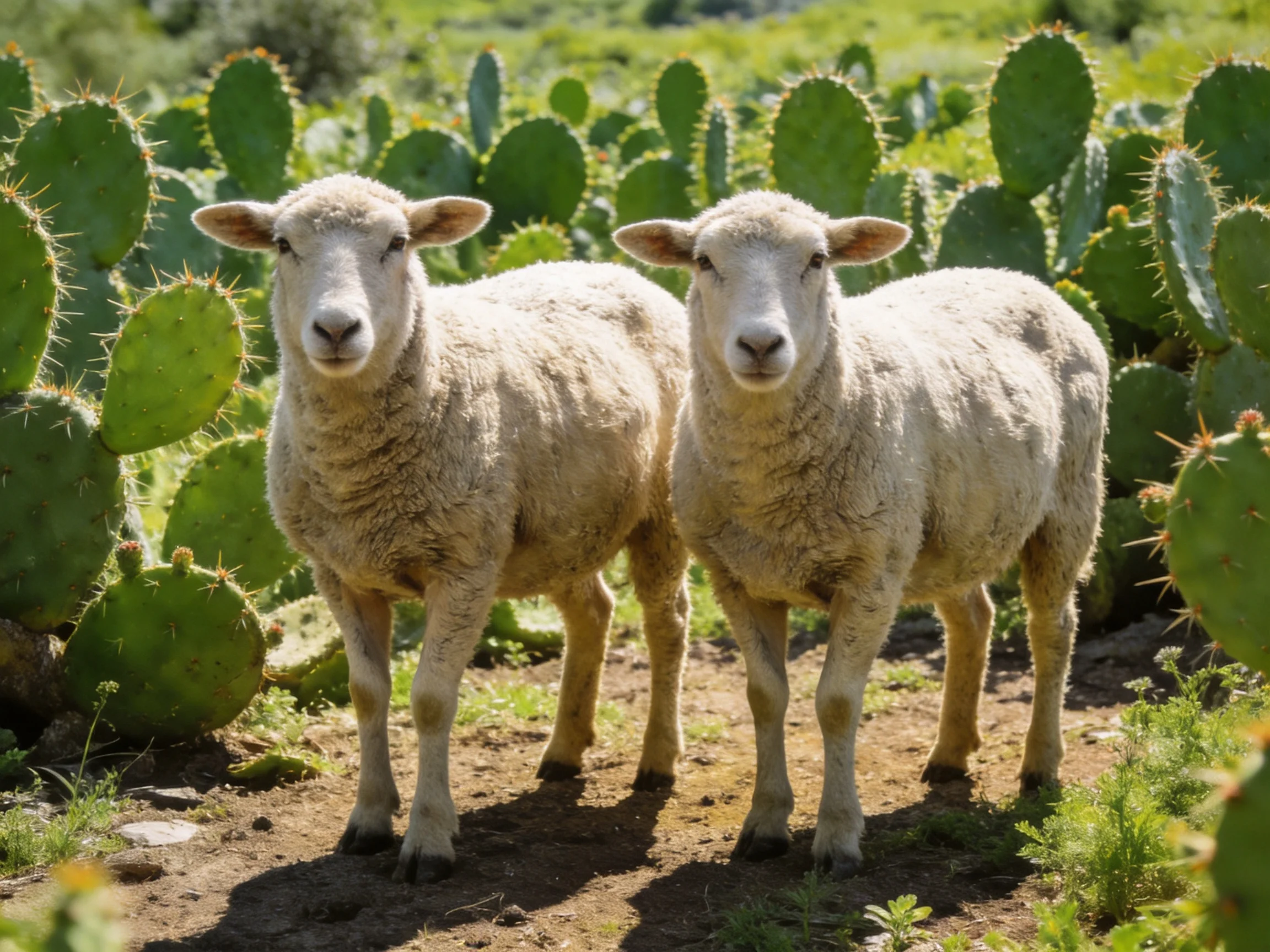 Two woolly sheep amid green cactus pads in a sunlit field