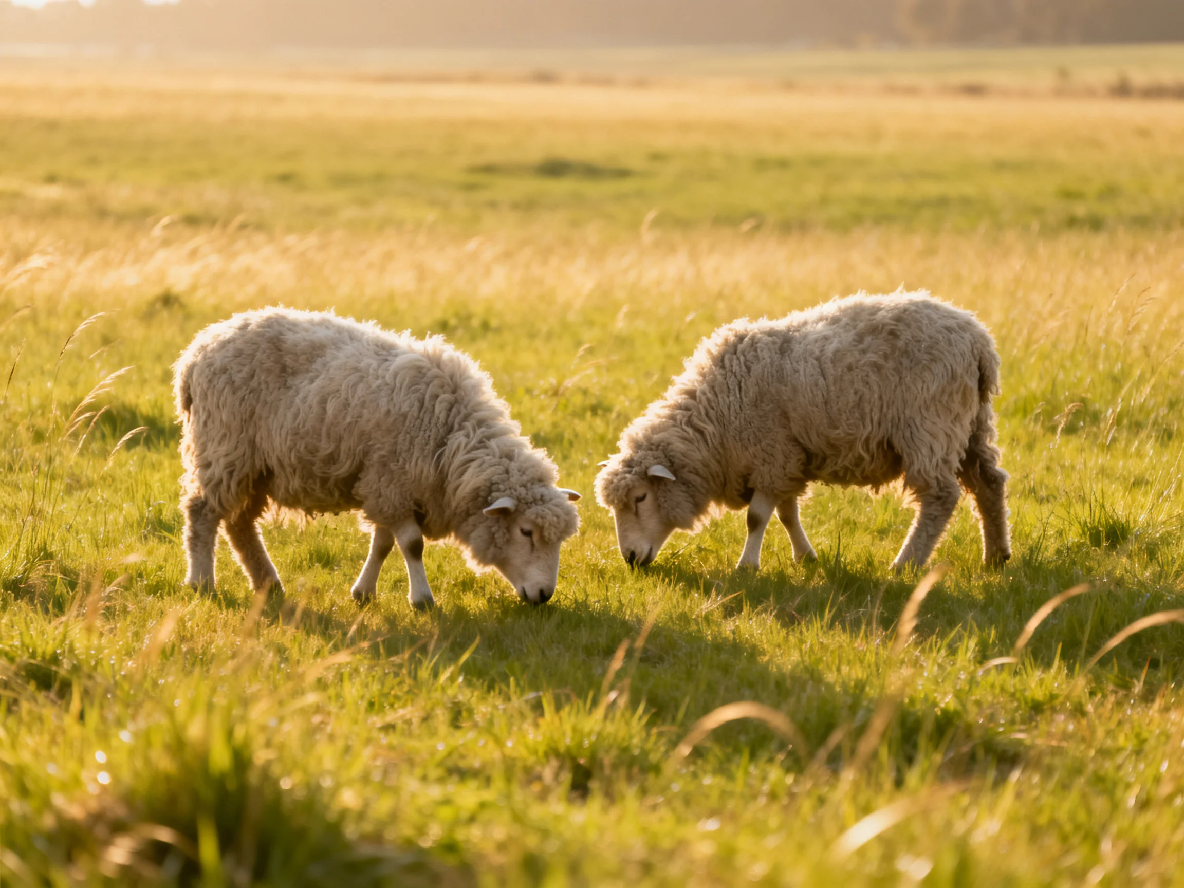Two woolly sheep graze in a golden meadow