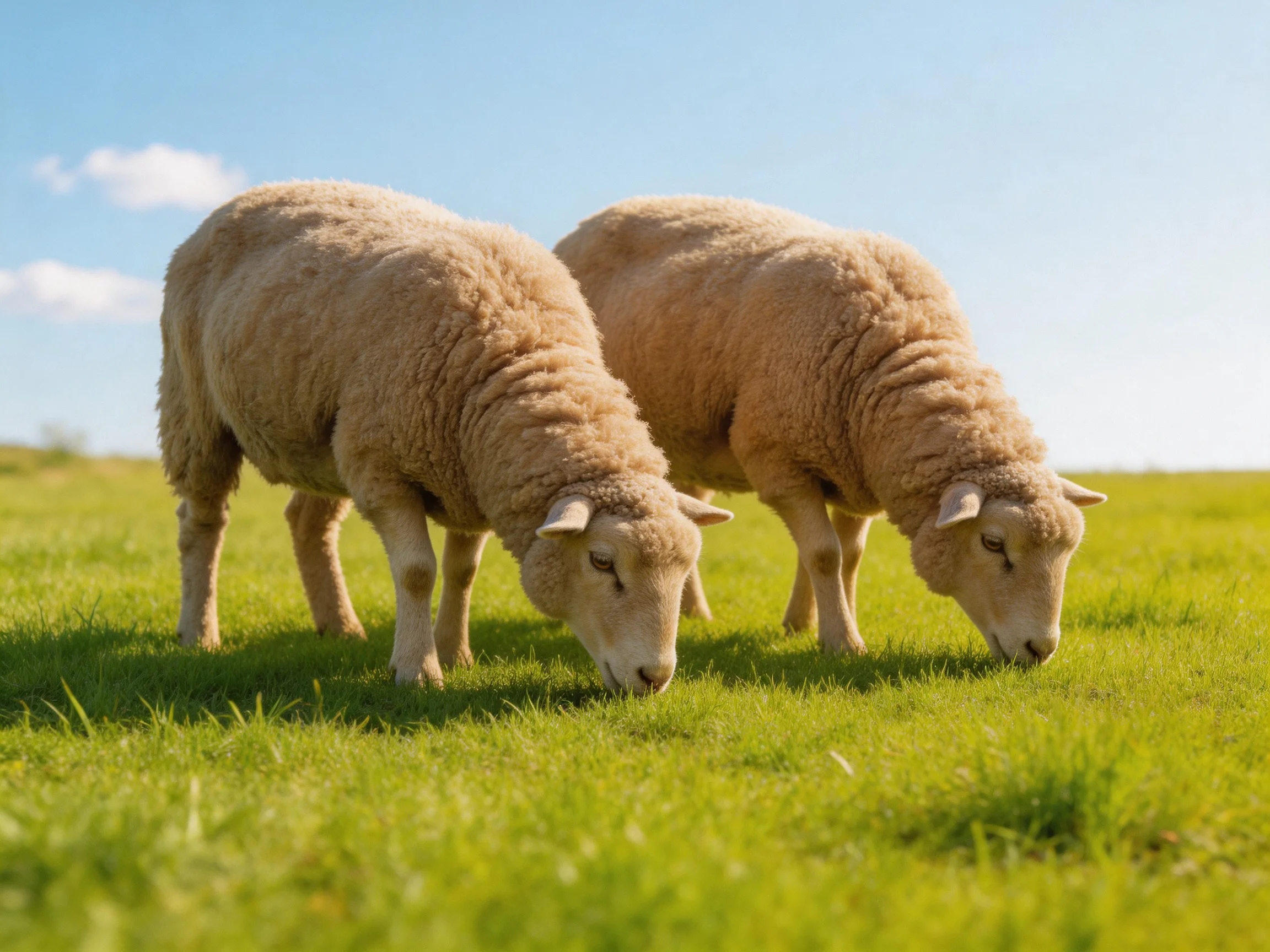Two woolly sheep graze in a lush green meadow under clear blue skies