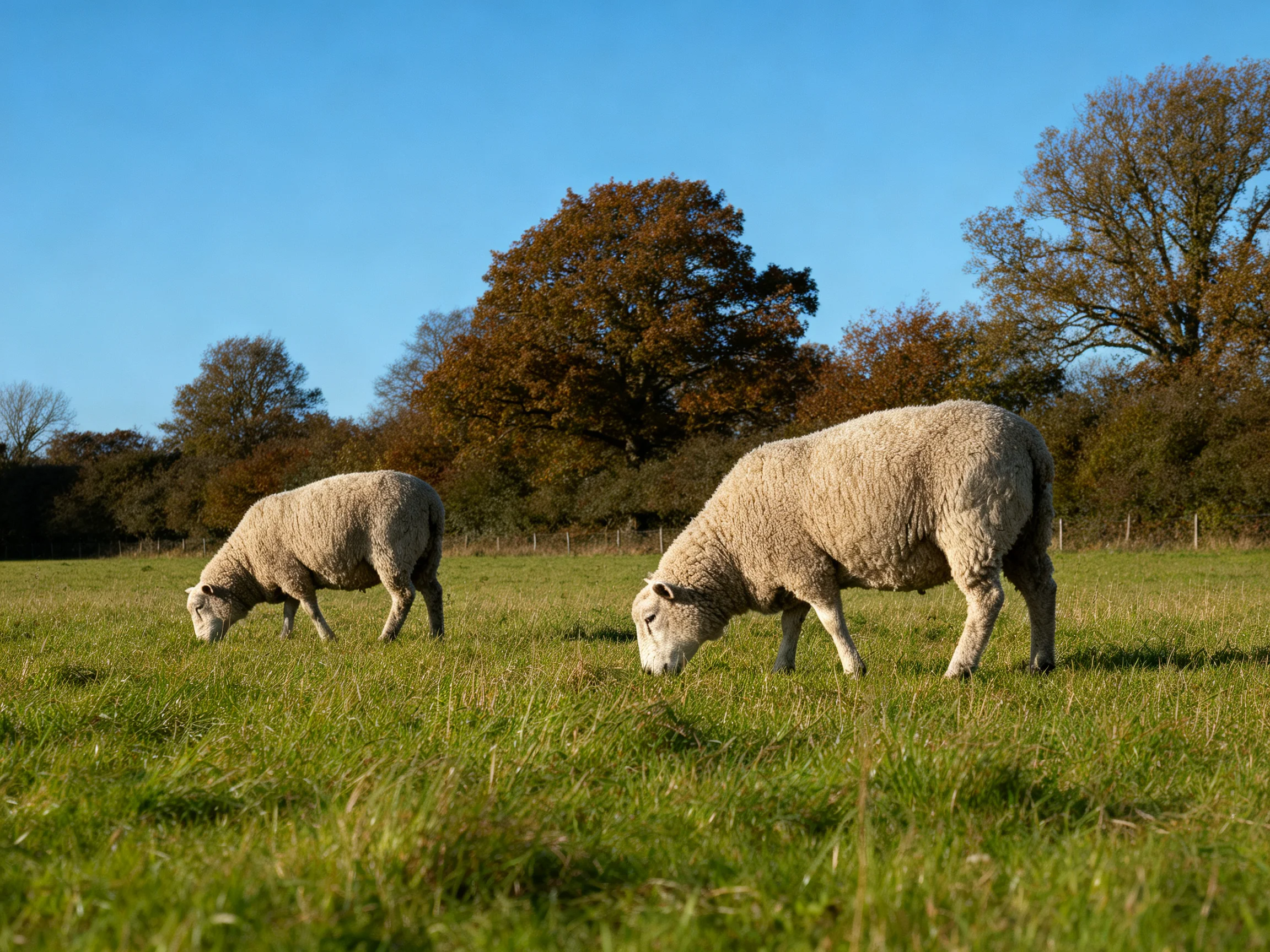 Two woolly sheep graze in a lush green meadow with autumn trees