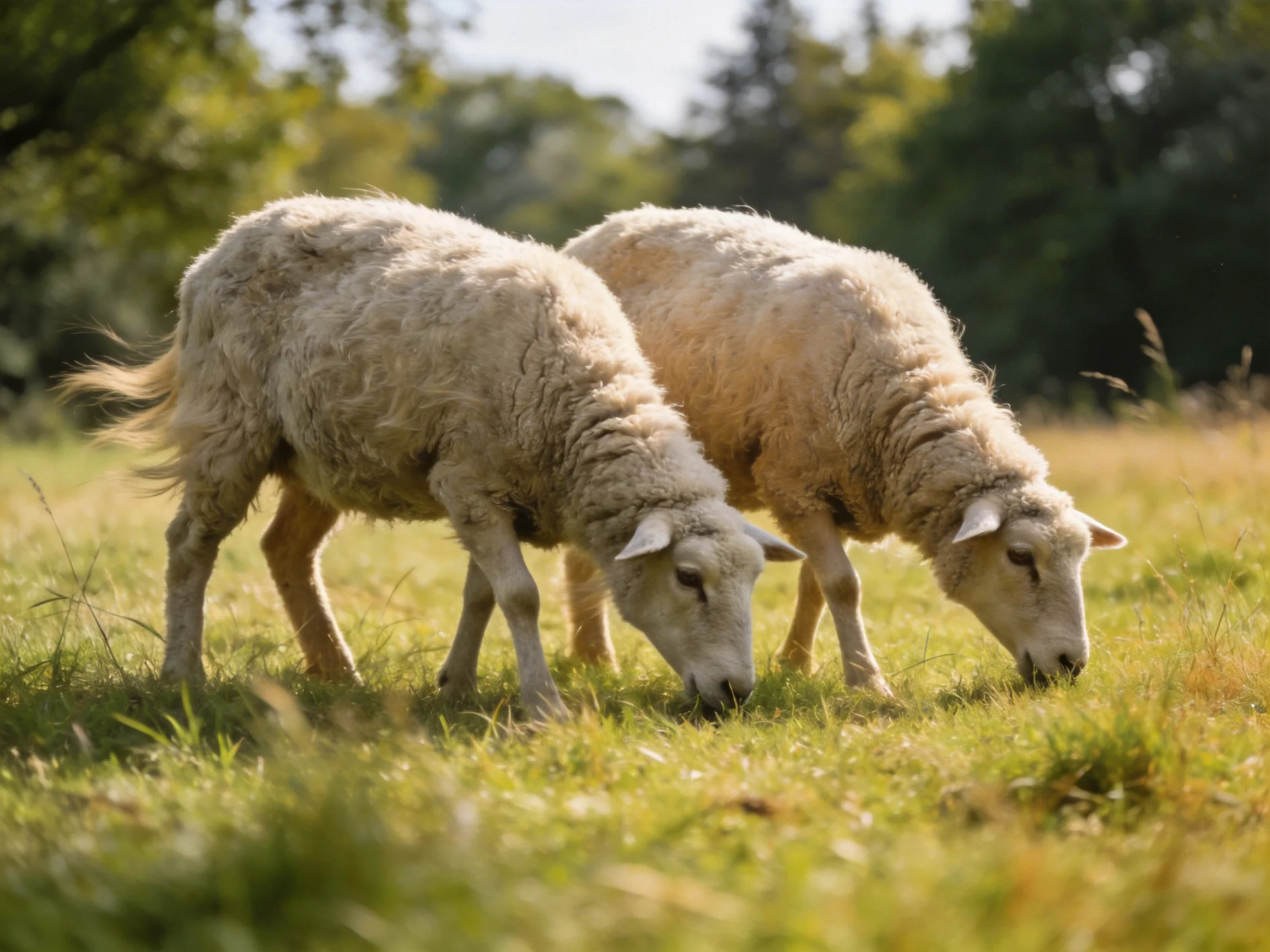 Two woolly sheep graze in a sunlit green meadow