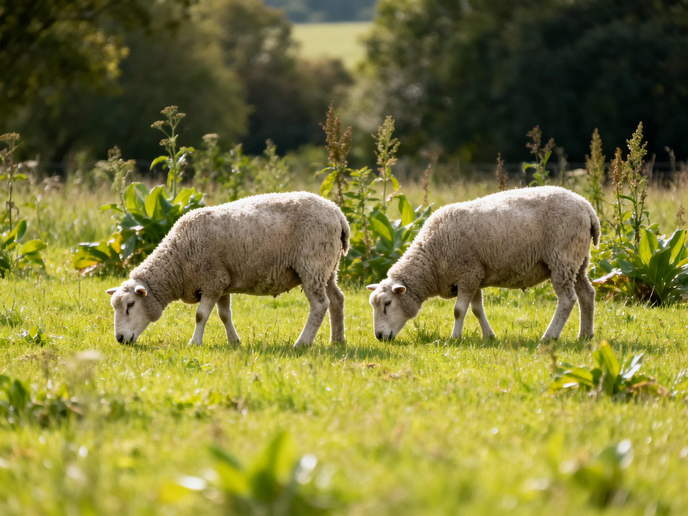 Two woolly sheep graze in a sunlit green pasture with tall vegetation.