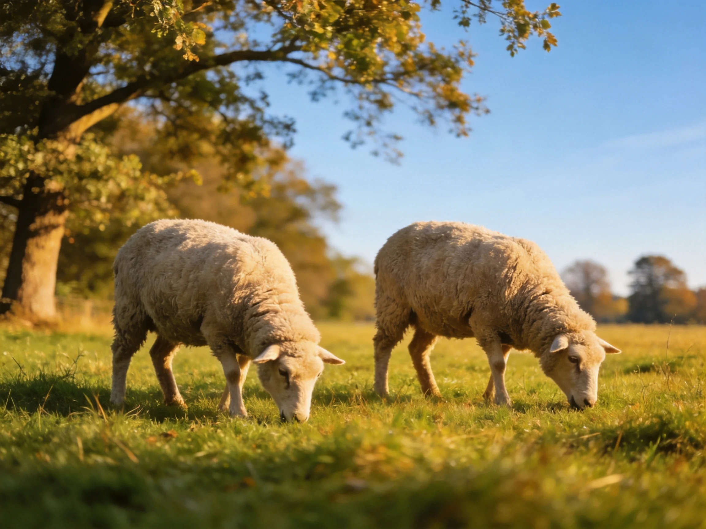 Two woolly sheep graze in a sunlit meadow near a large tree