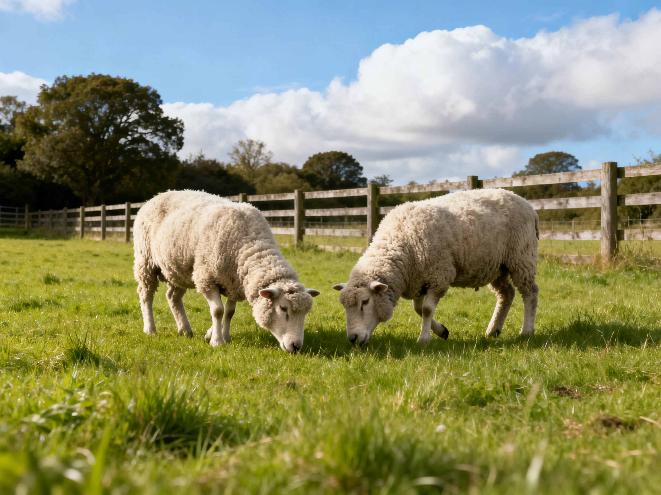 Two woolly sheep graze in a sunny green pasture near a wooden fence