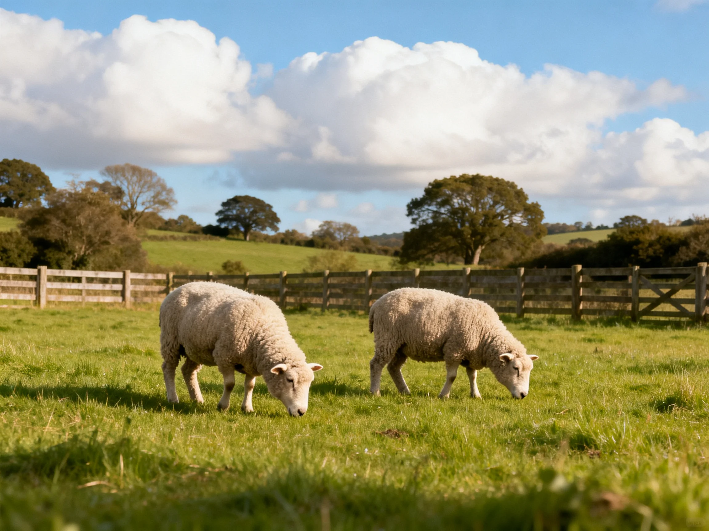 Two woolly sheep graze in a sunny green pasture with wooden fences