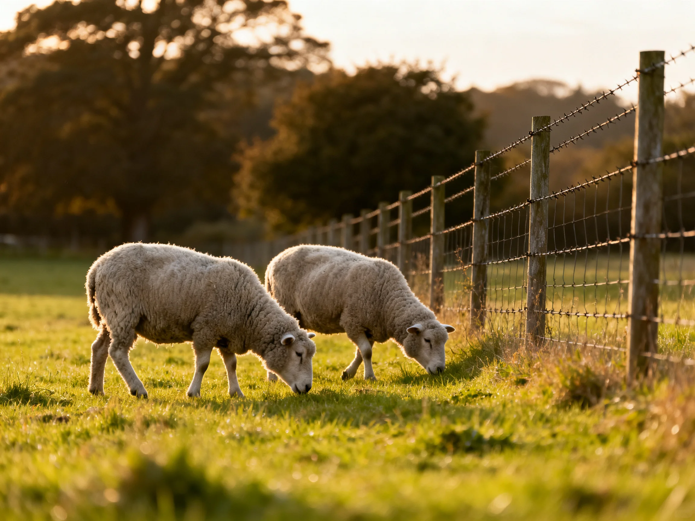 Two woolly sheep graze near a barbed wire fence in a sunlit pasture