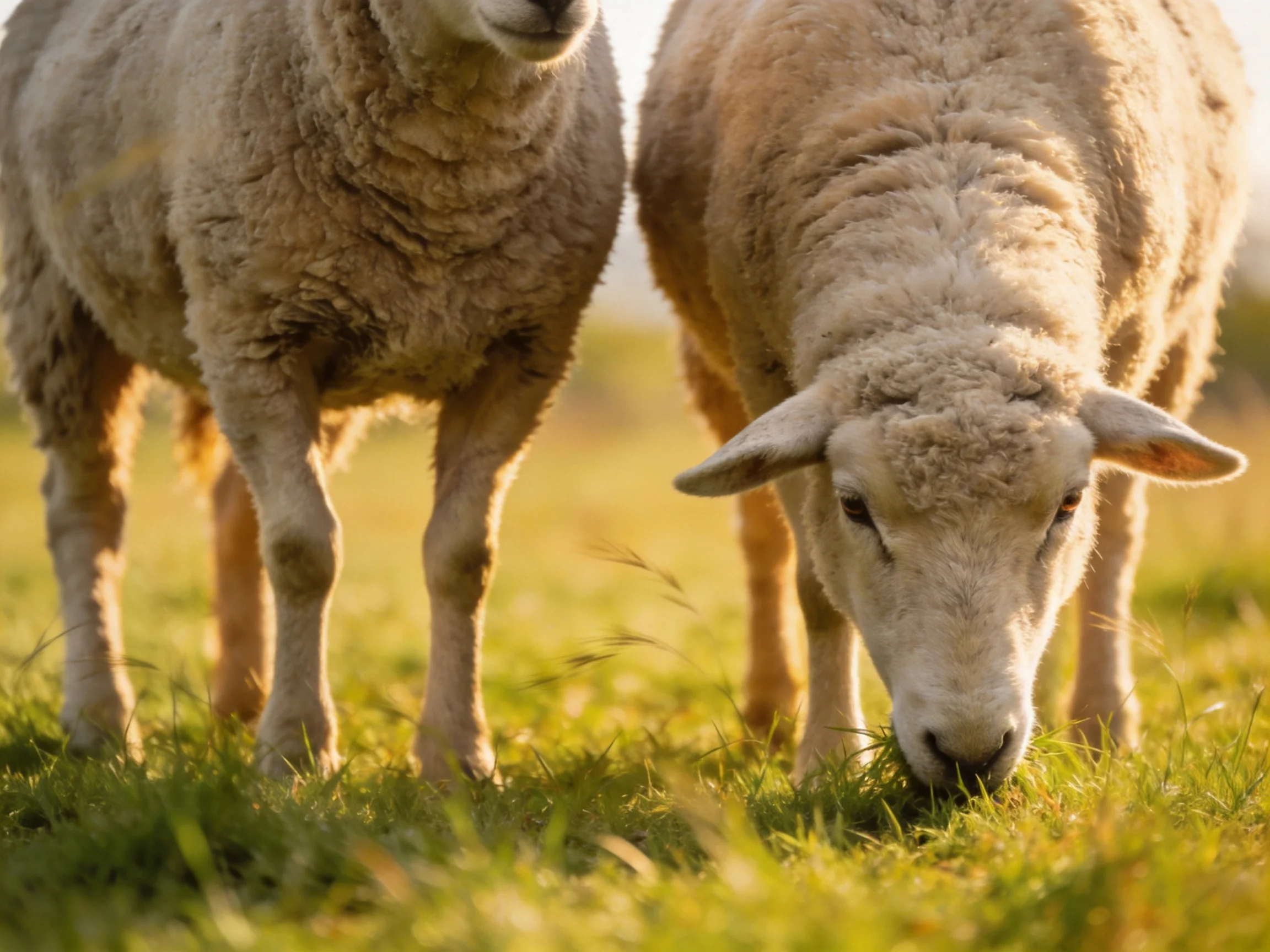 Two woolly sheep grazing in a sunlit meadow