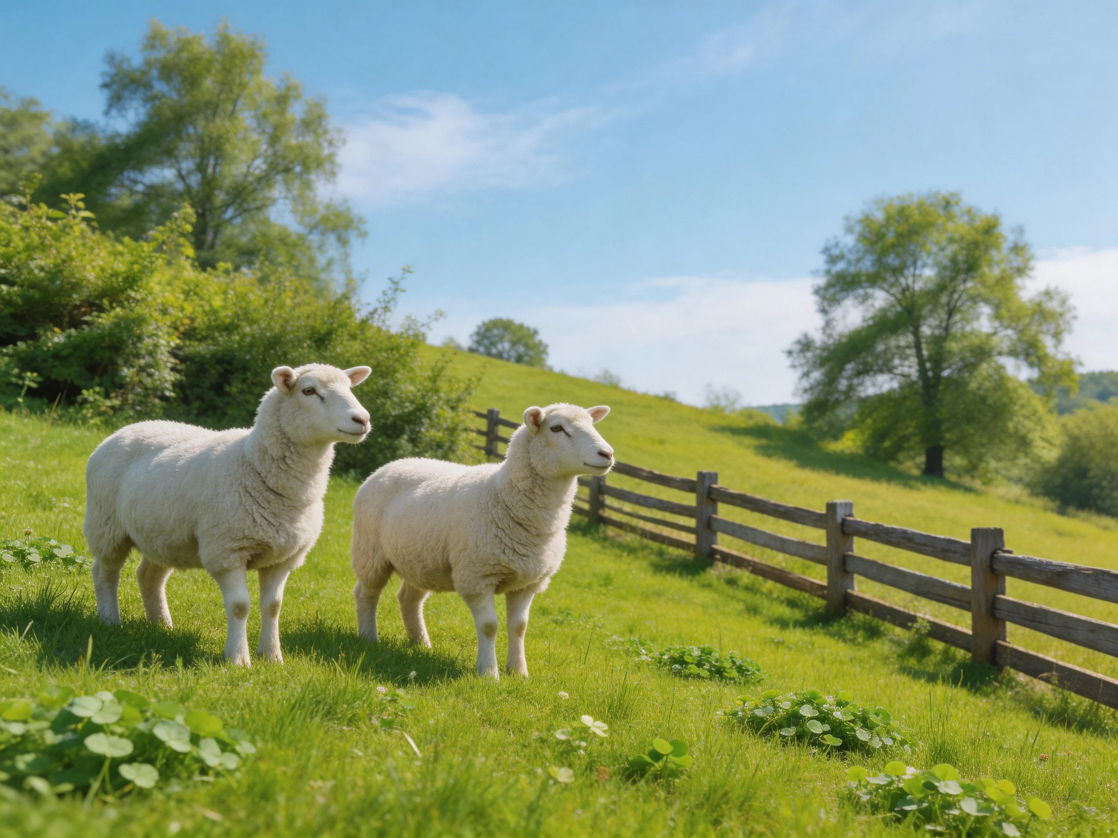 Two woolly sheep in a bright green pasture beside a wooden fence
