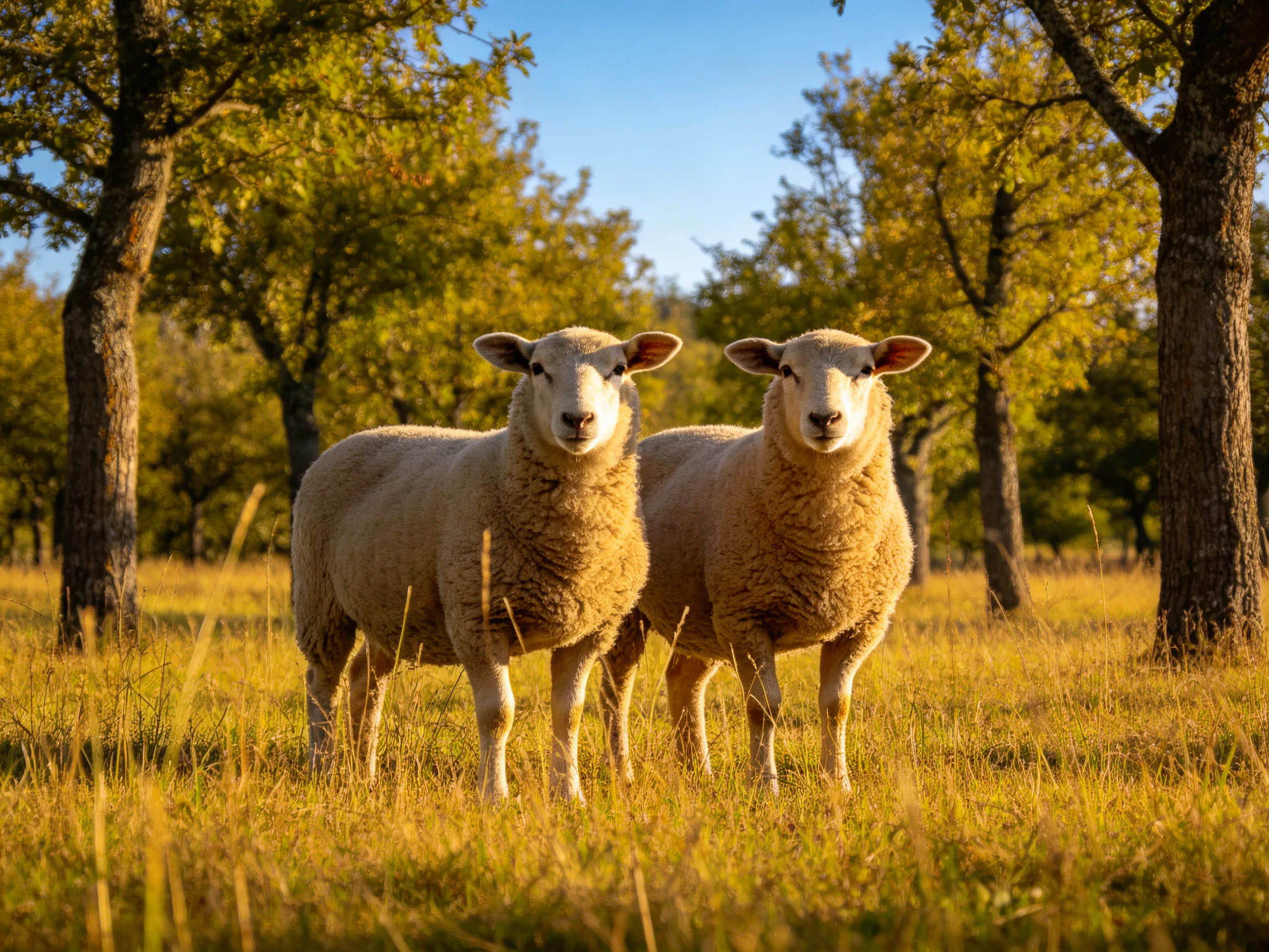 Two woolly sheep in a golden meadow near tall trees