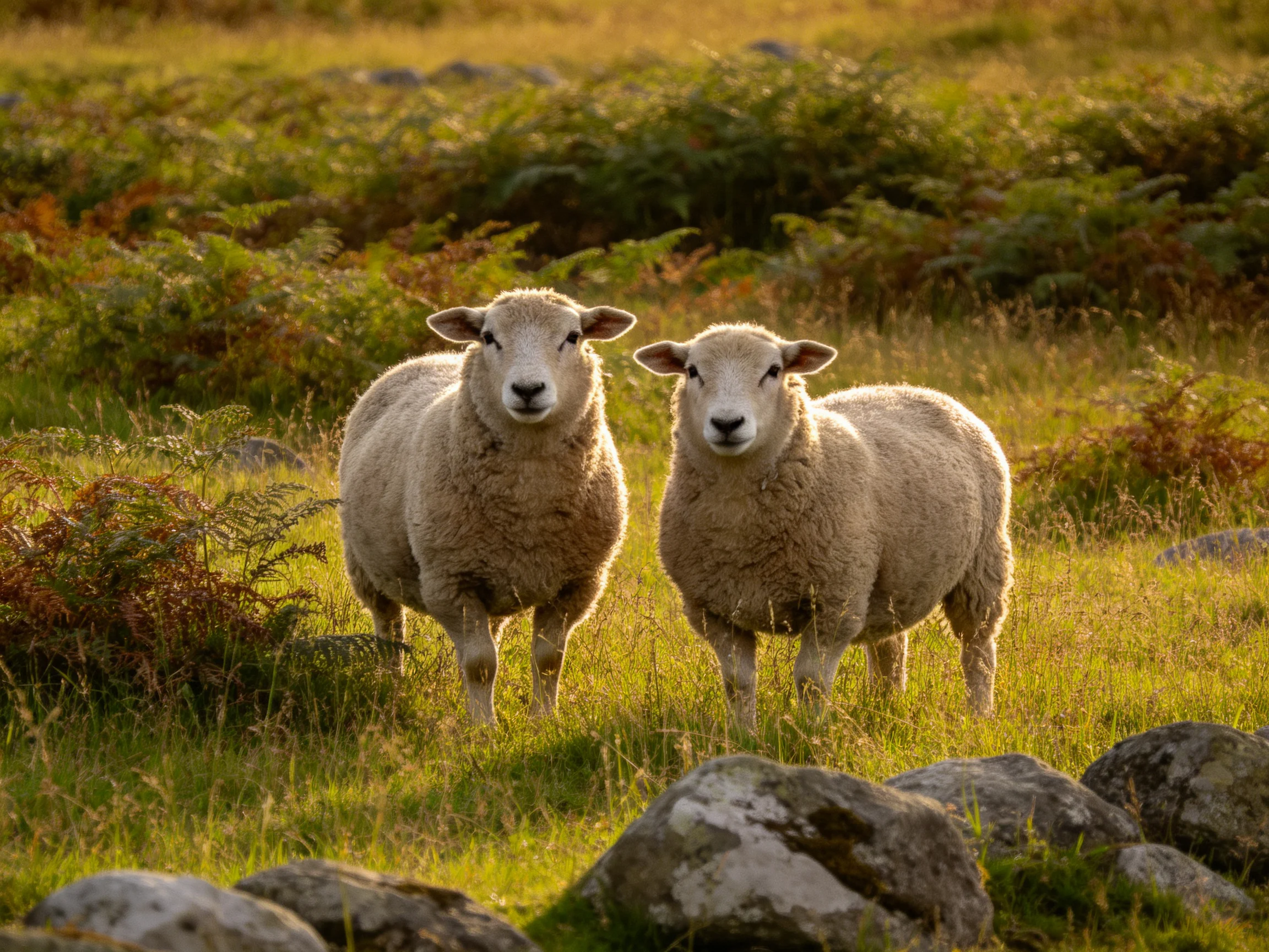 Two woolly sheep in a sunlit, fern-filled meadow with rocks
