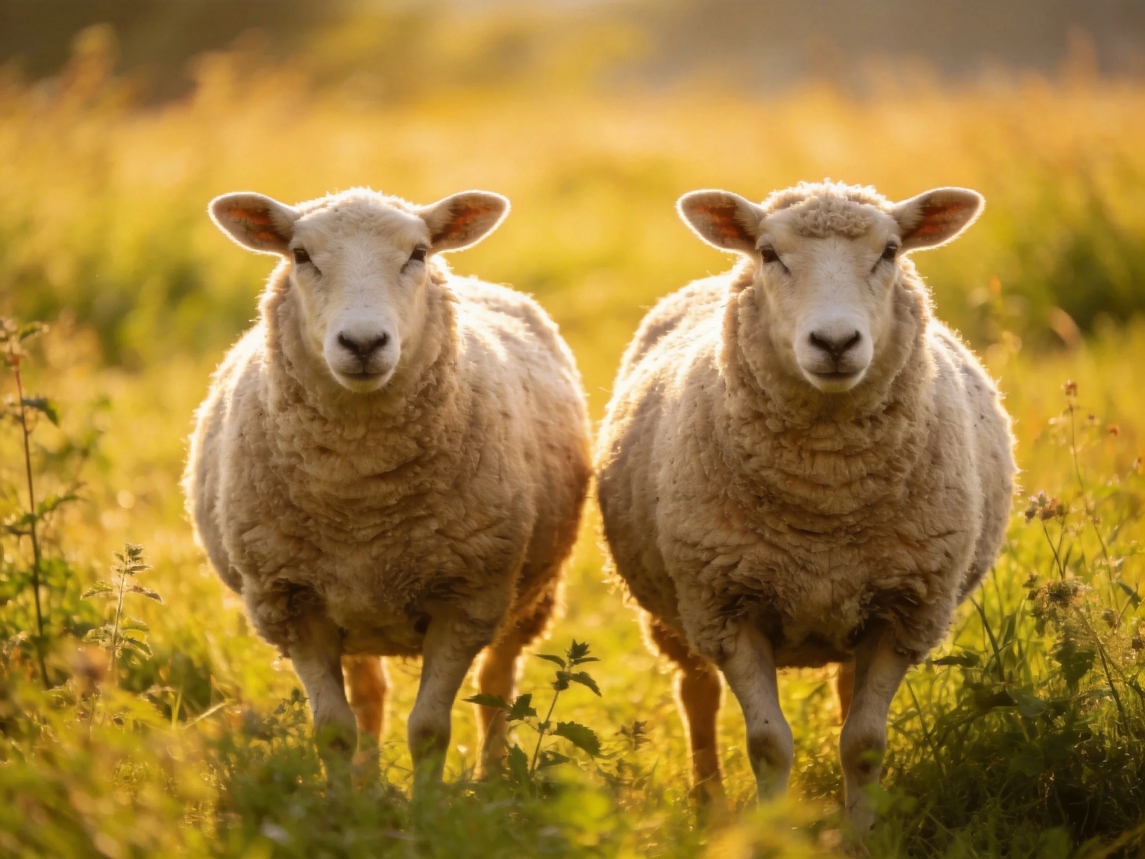 Two woolly sheep in a sunlit golden meadow