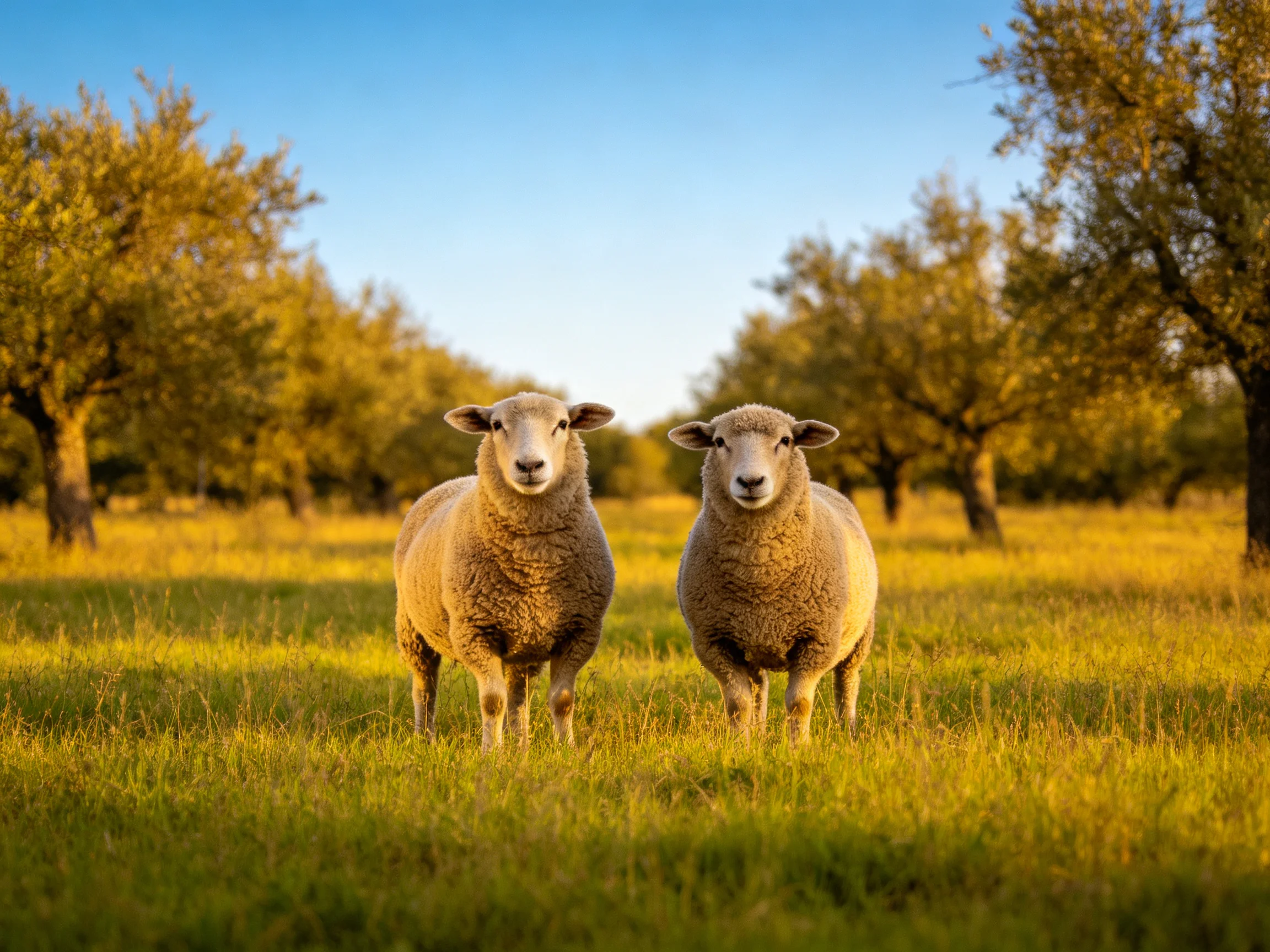 Two woolly sheep in a sunlit grassy orchard