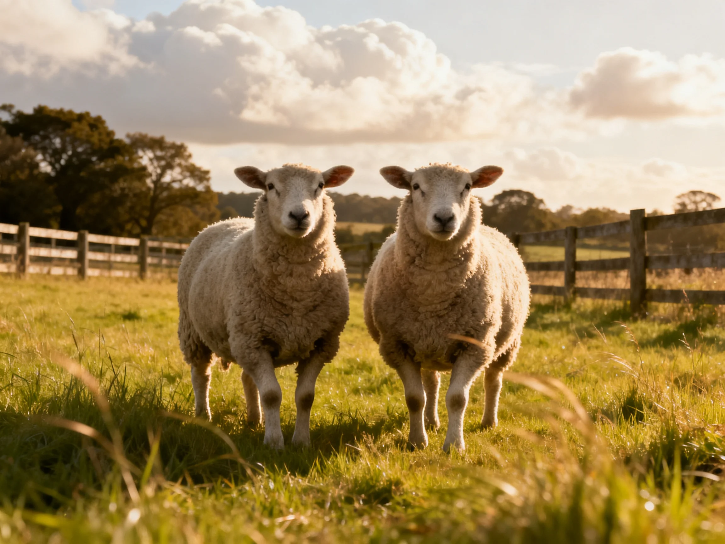 Two woolly sheep in a sunlit green pasture with wooden fences