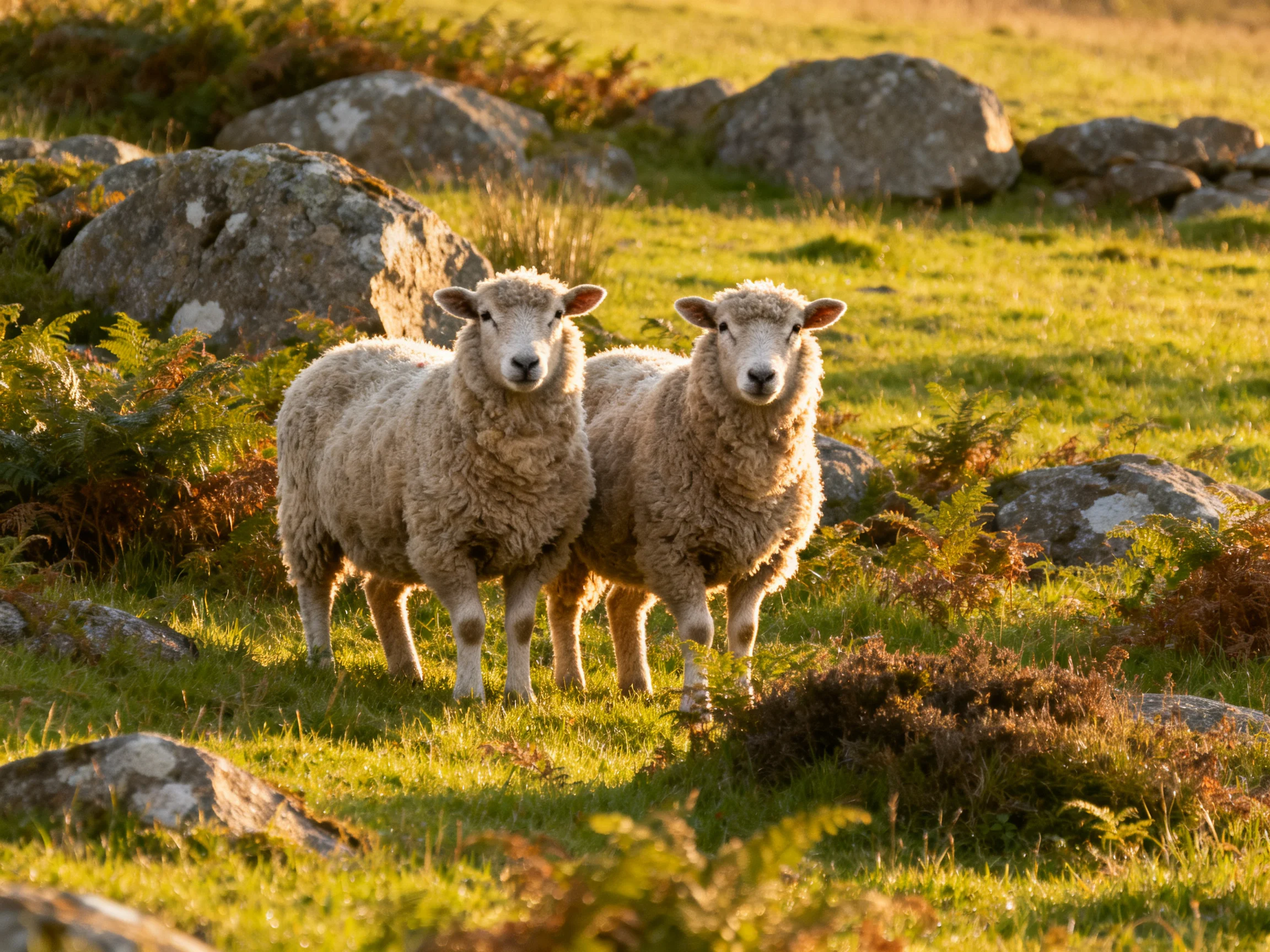 Two woolly sheep in a sunlit rocky meadow with ferns
