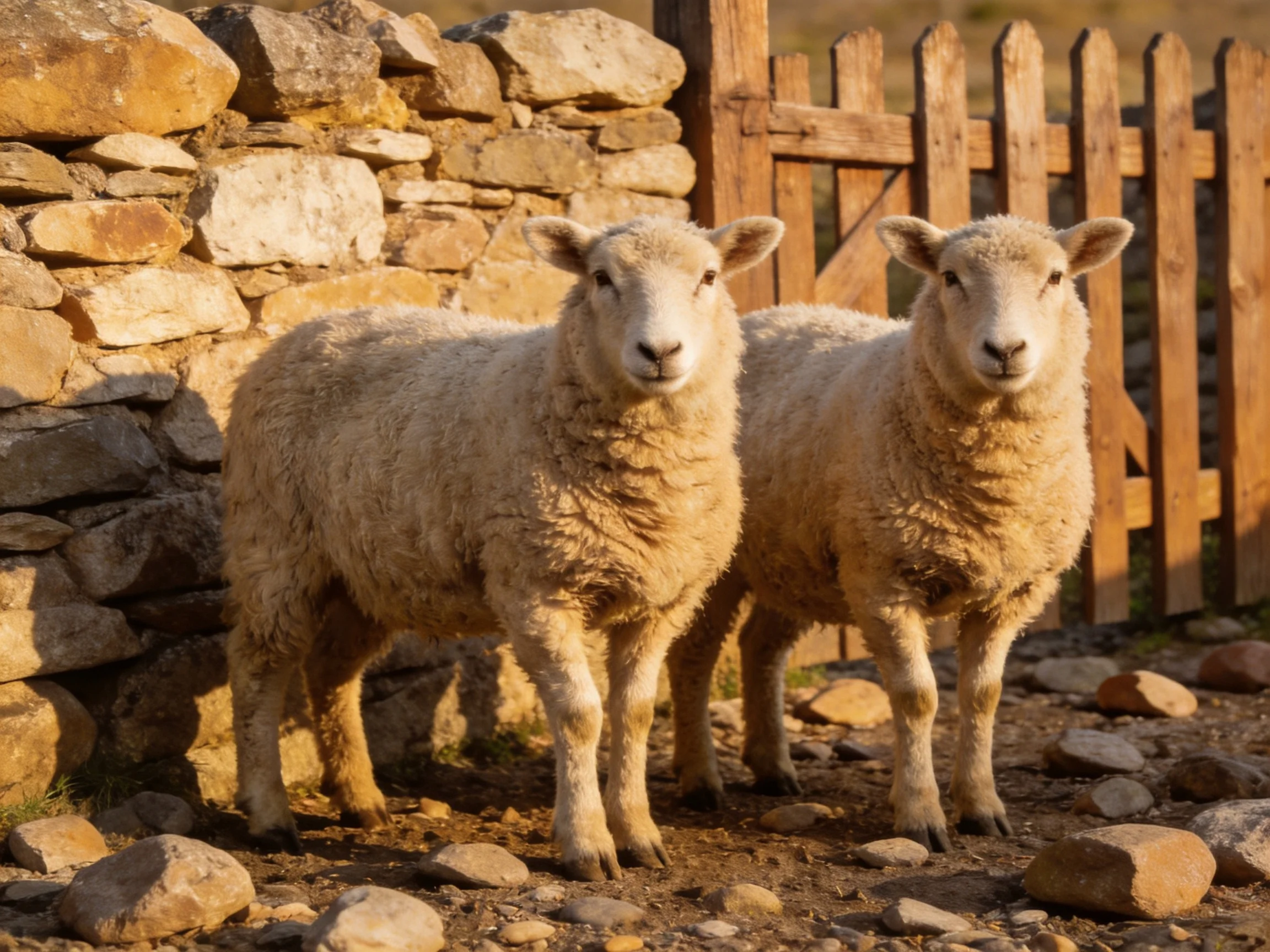 Two woolly sheep near a stone wall and wooden gate