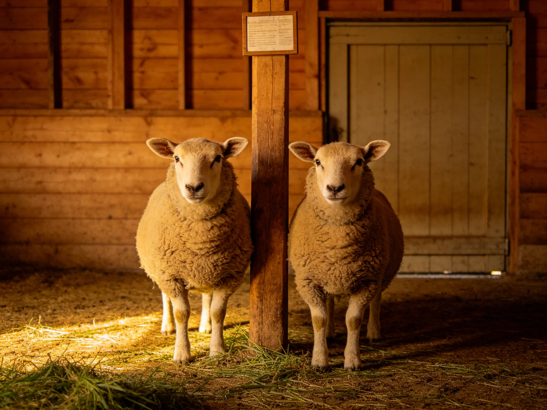 Two woolly sheep near a wooden post in a rustic barn