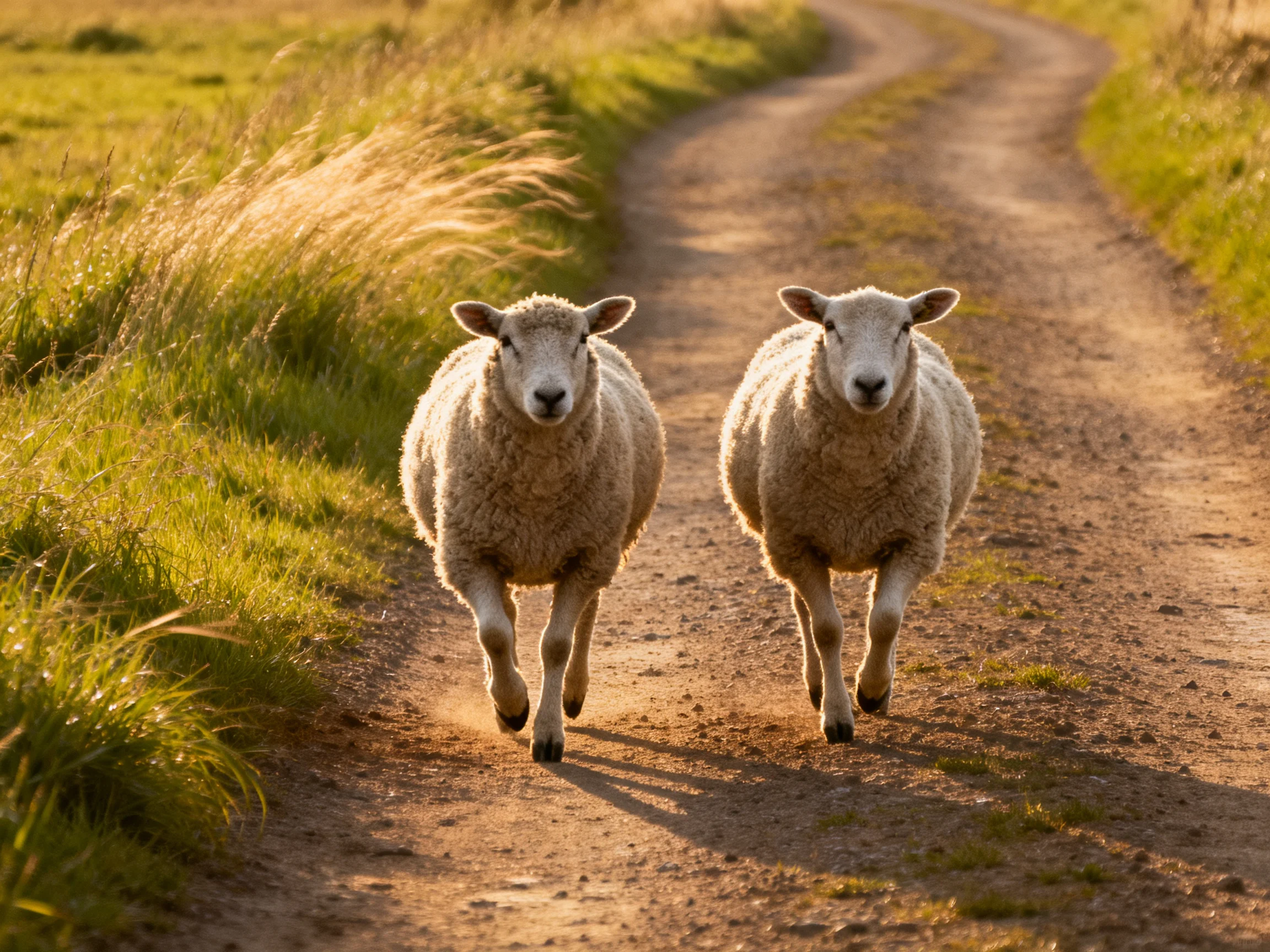 Two woolly sheep run along a sunlit dirt road with green grass