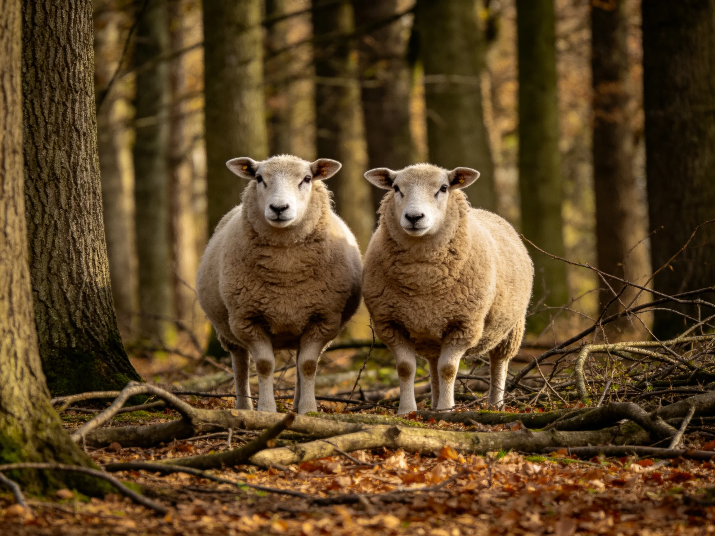 Two woolly sheep stand amid tall forest trees