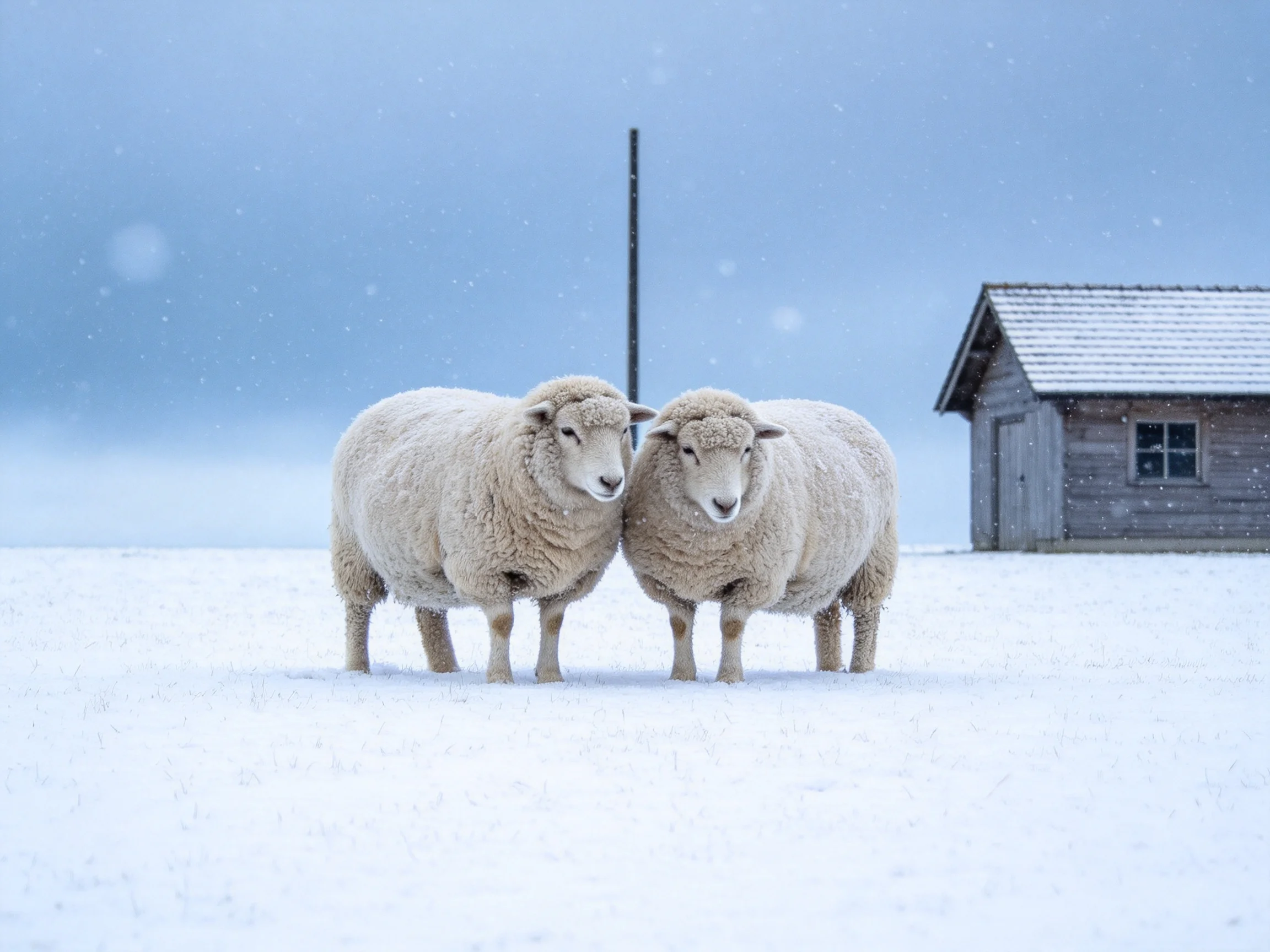 Two woolly sheep stand close together in a snowy landscape near a wooden shed