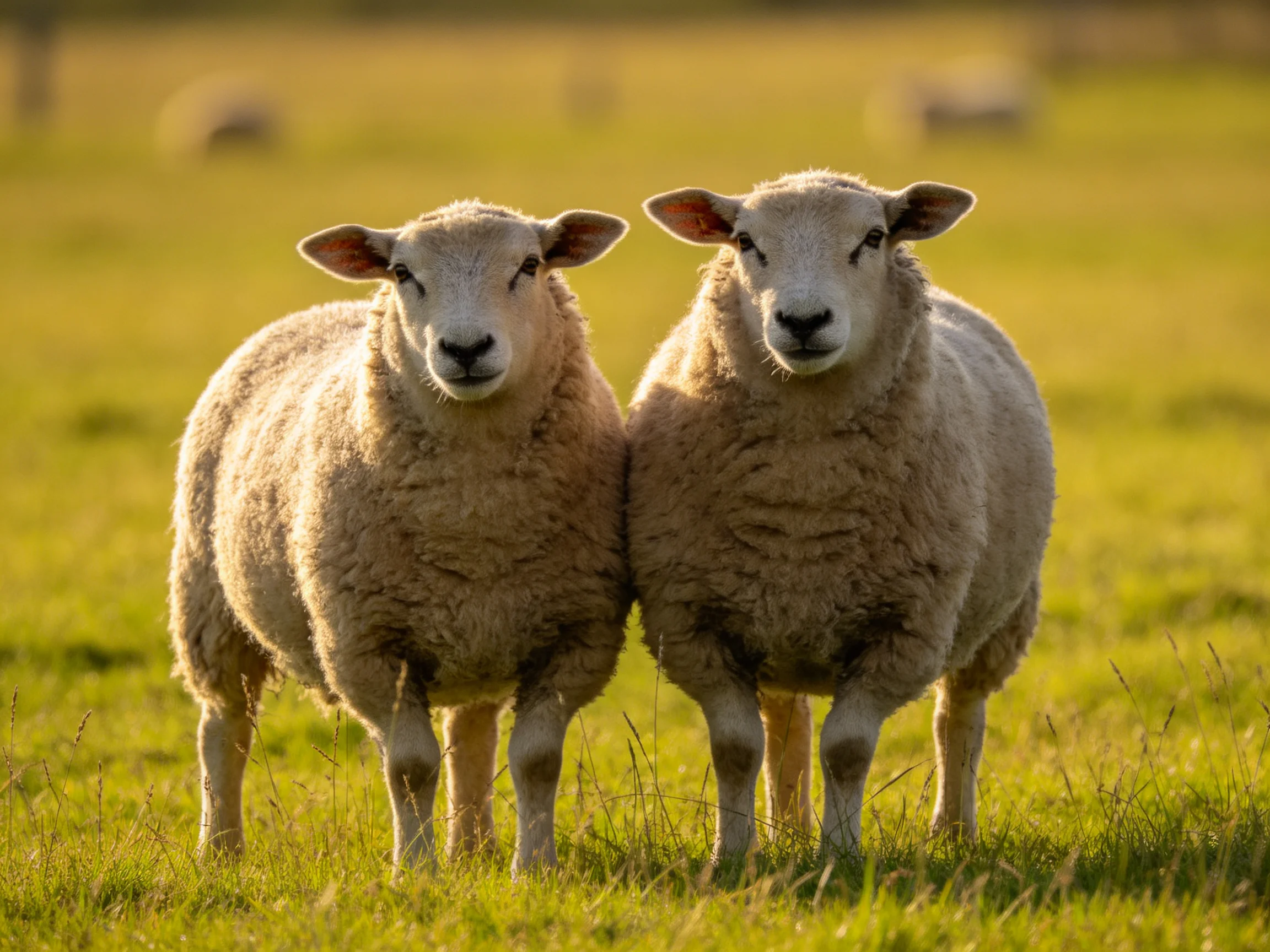 Two woolly sheep stand close together in a sunlit green pasture