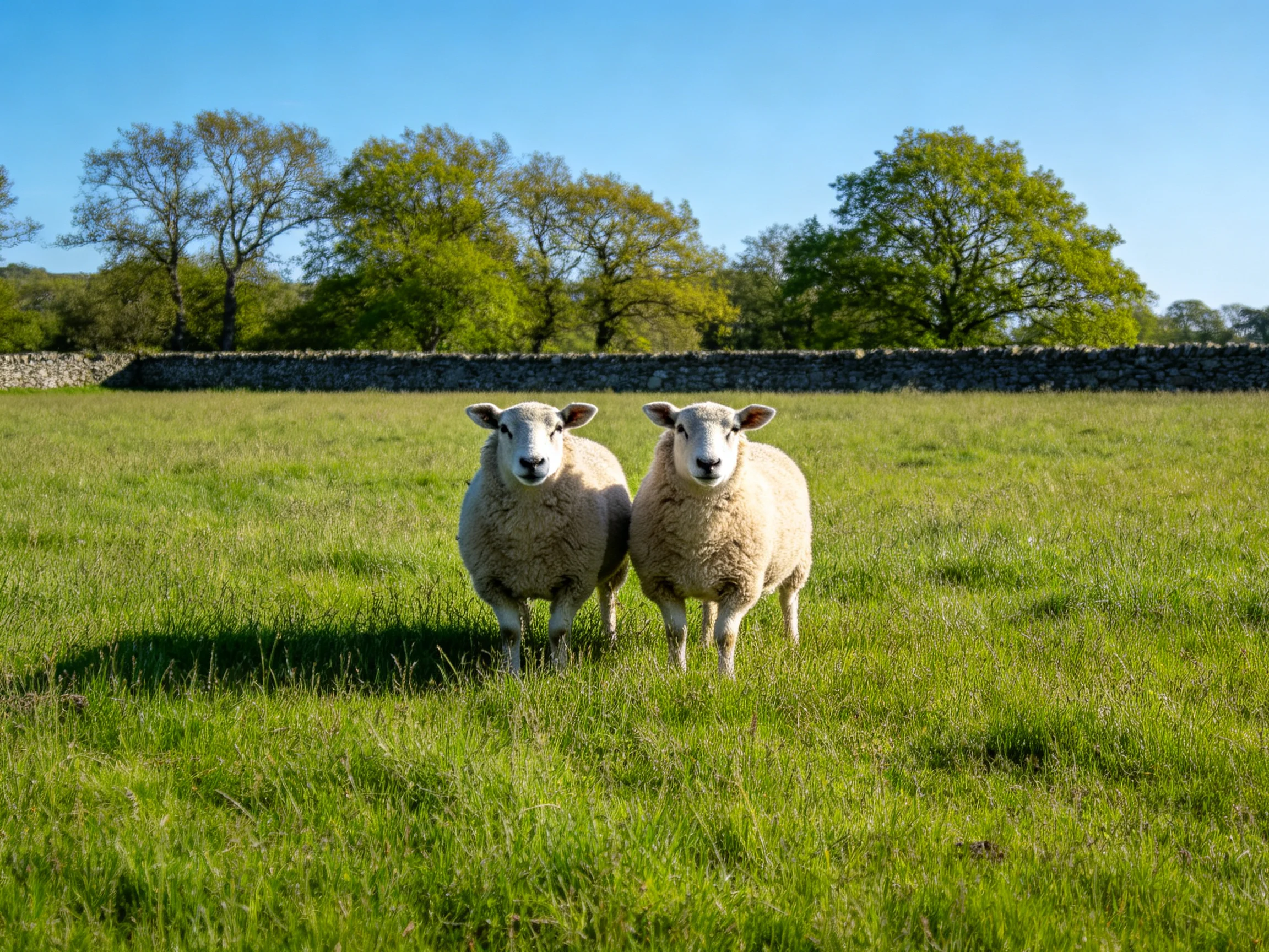 Two woolly sheep stand in a lush green pasture near leafy trees