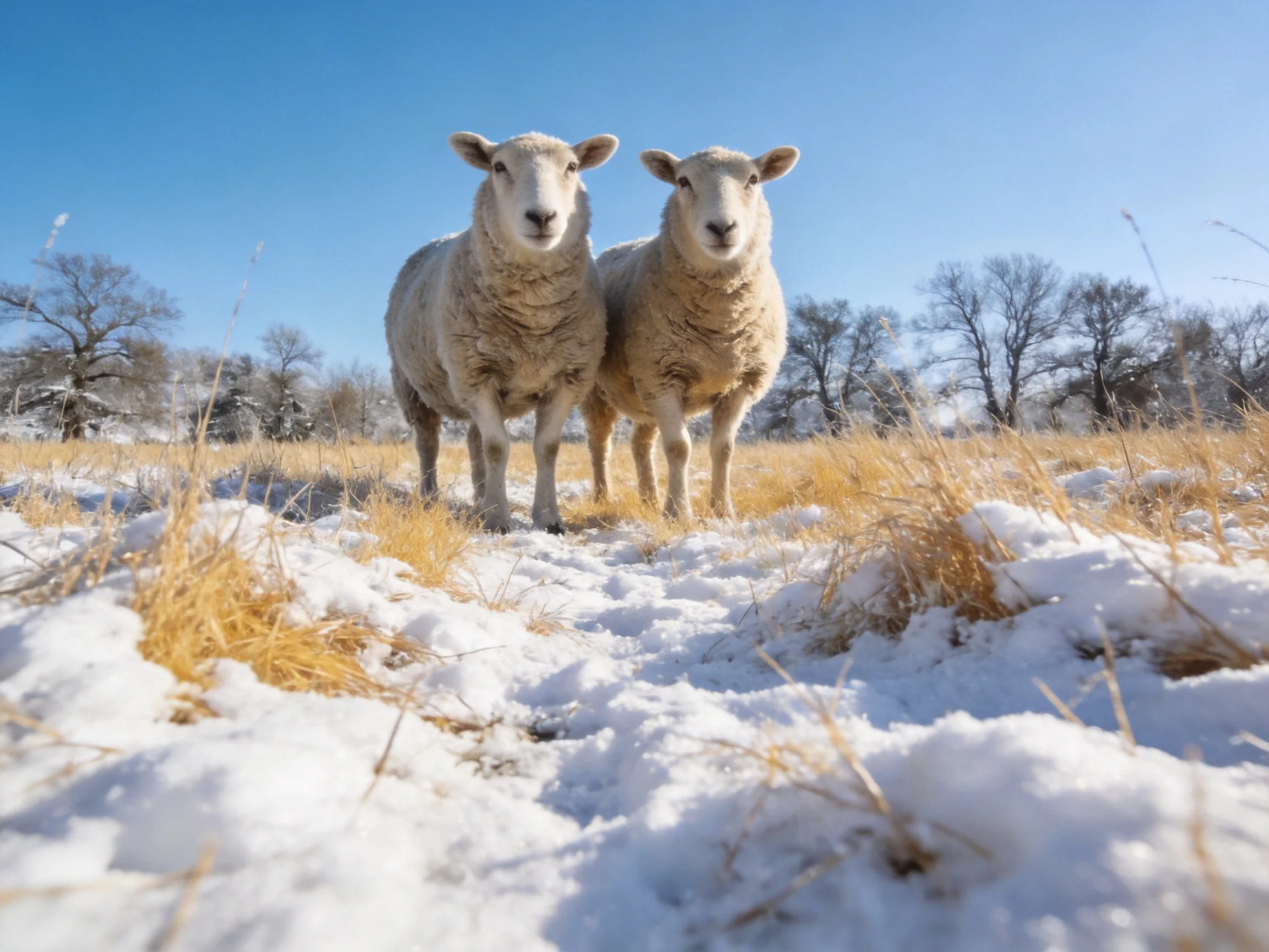 Two woolly sheep stand in a snow-dusted golden field under bright blue sky