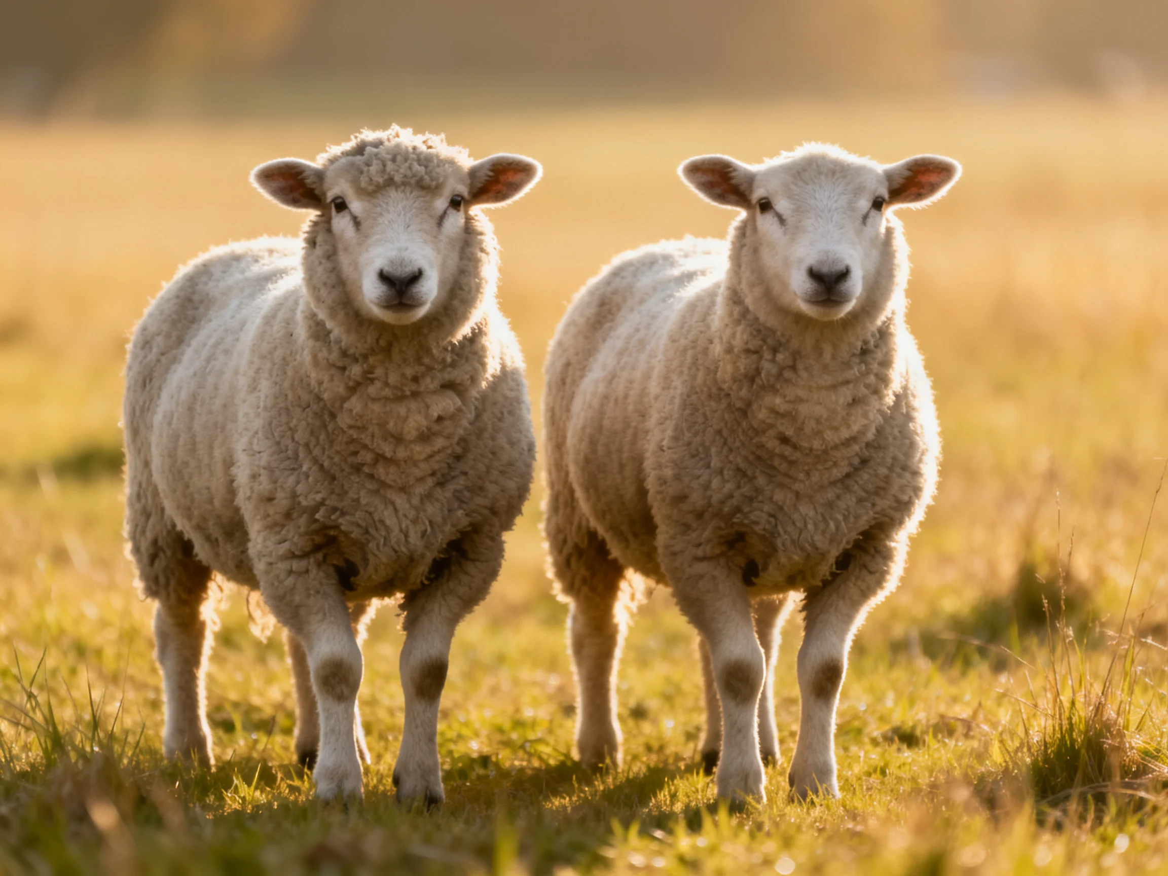 Two woolly sheep stand in a sunlit golden meadow