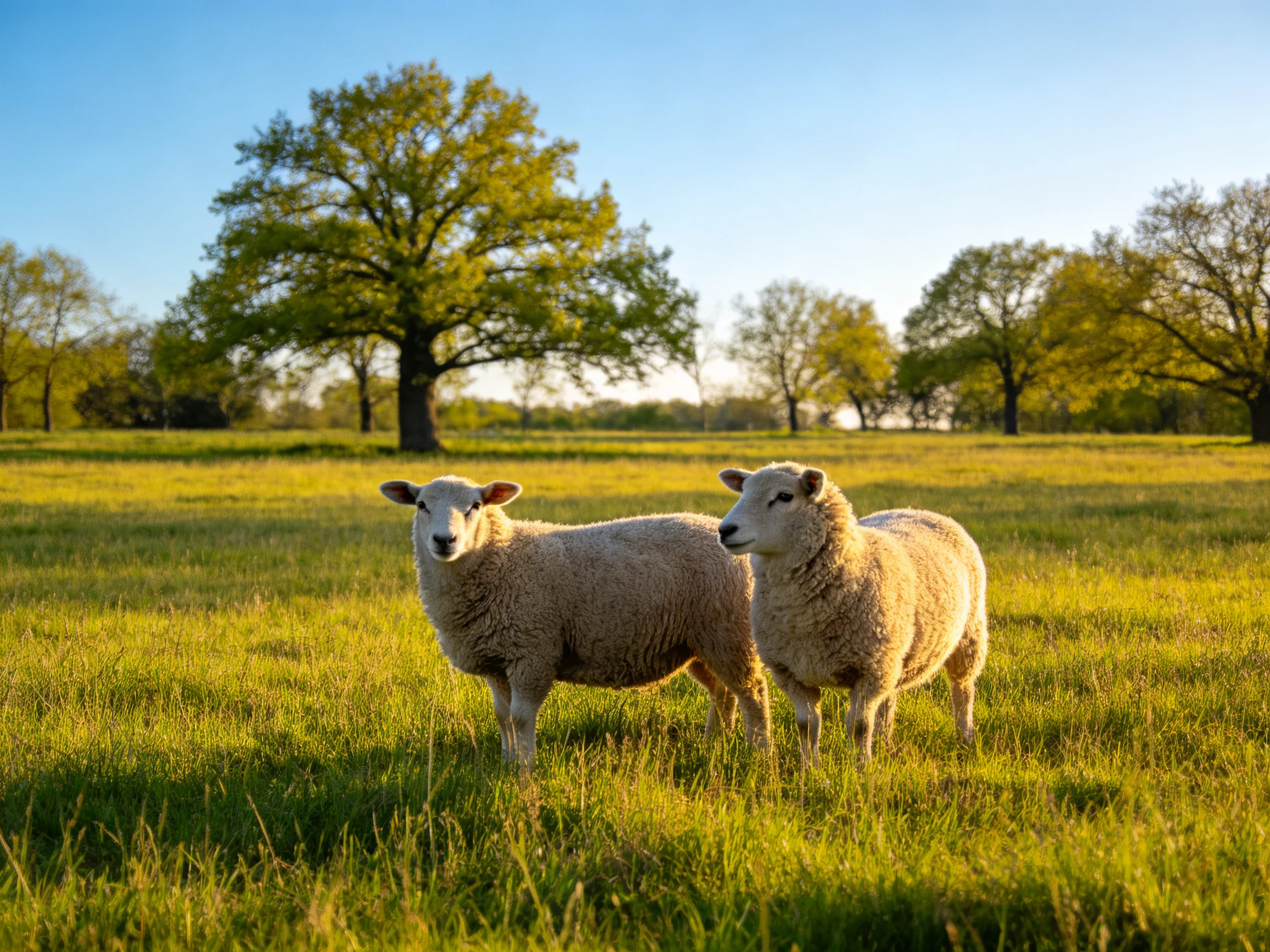 Two woolly sheep stand in a sunlit green meadow near tall trees