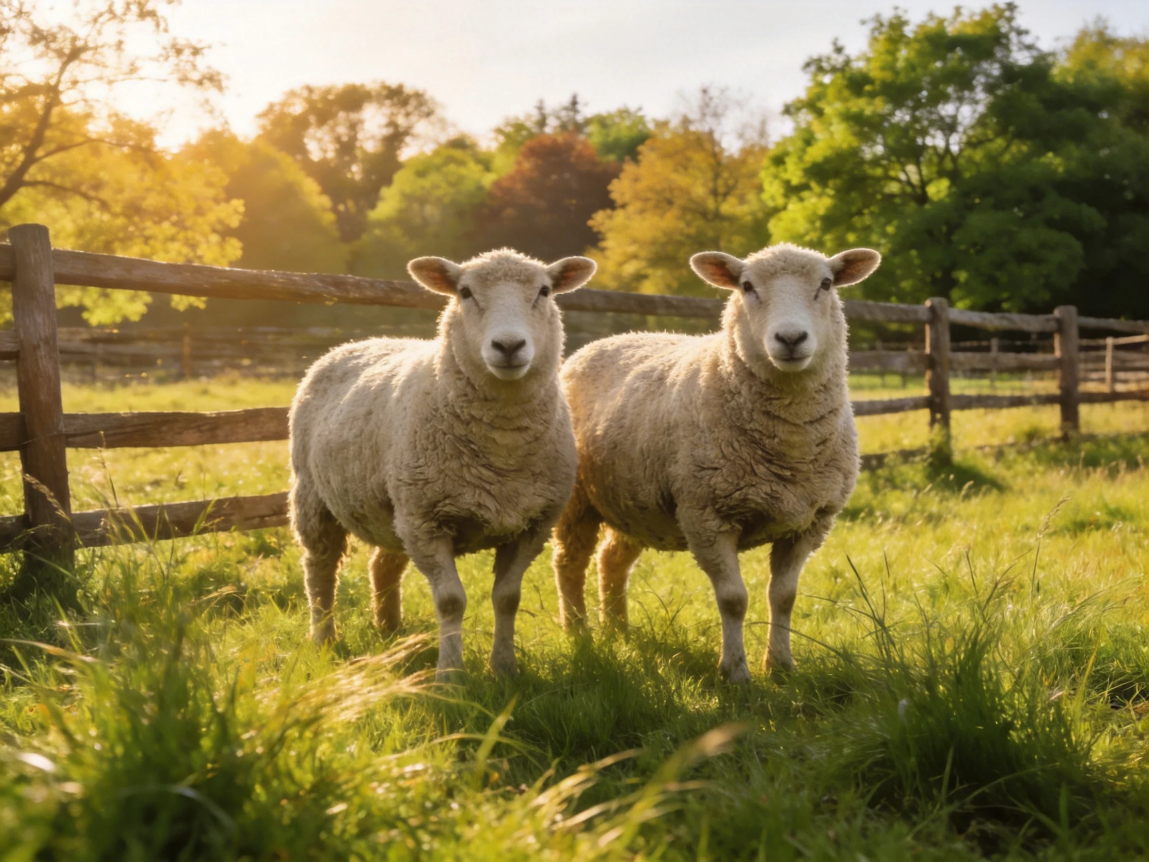 Two woolly sheep stand in a sunlit green pasture near a wooden fence
