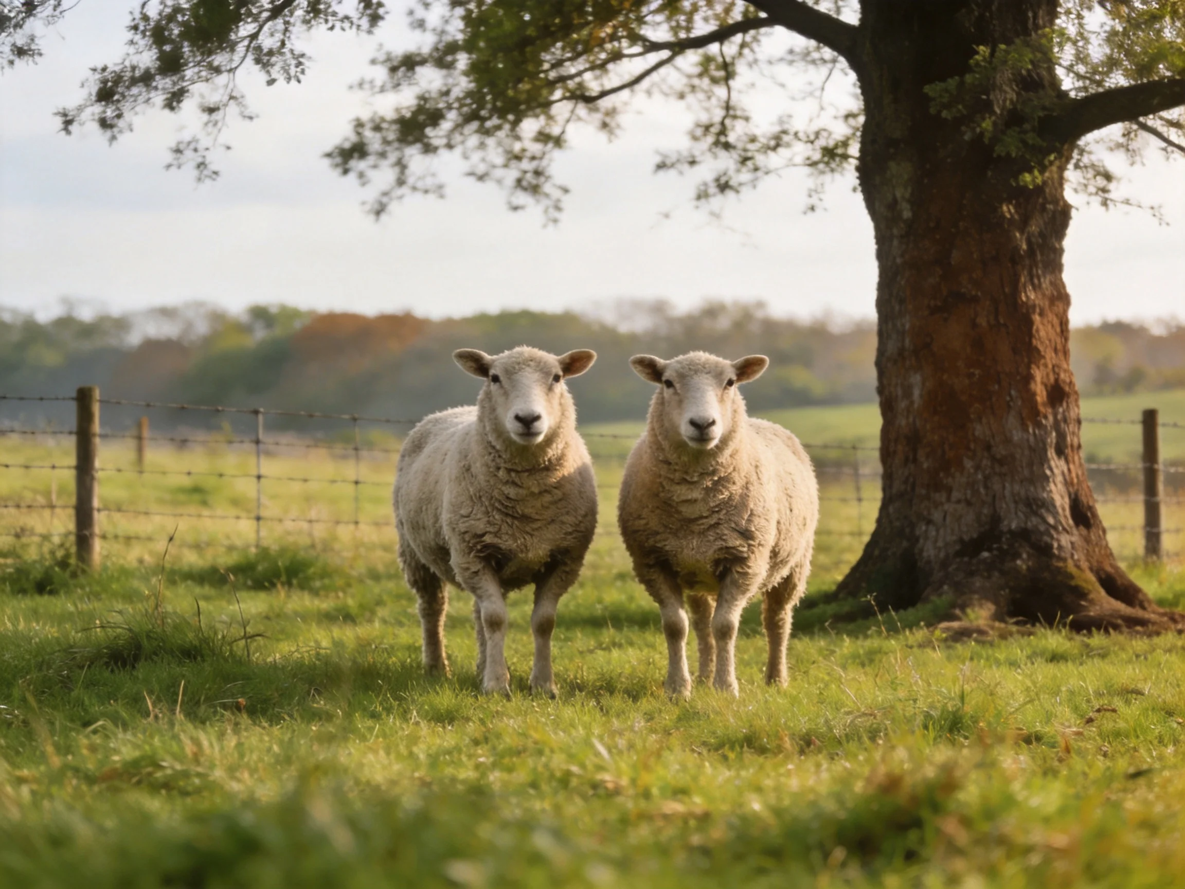 Two woolly sheep stand near a large tree in a green pasture