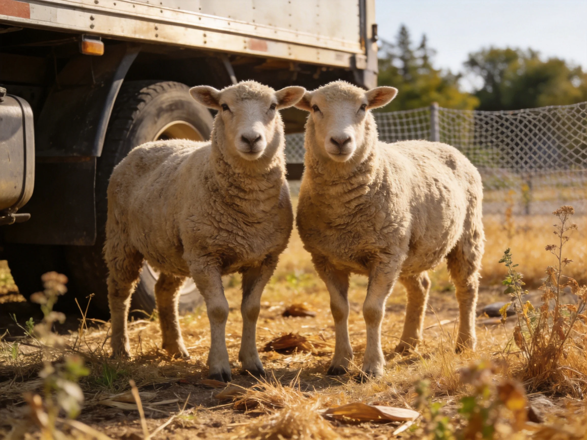 Two woolly sheep stand near a large truck in a sunny field
