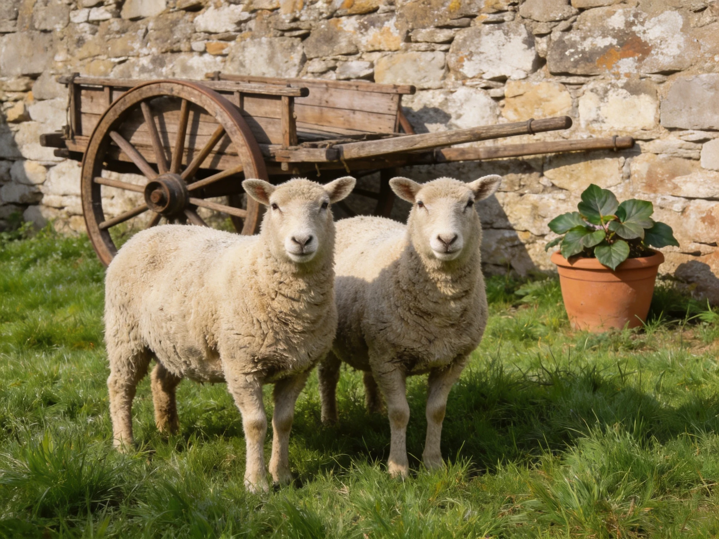 Two woolly sheep stand near an old wooden cart by a stone wall