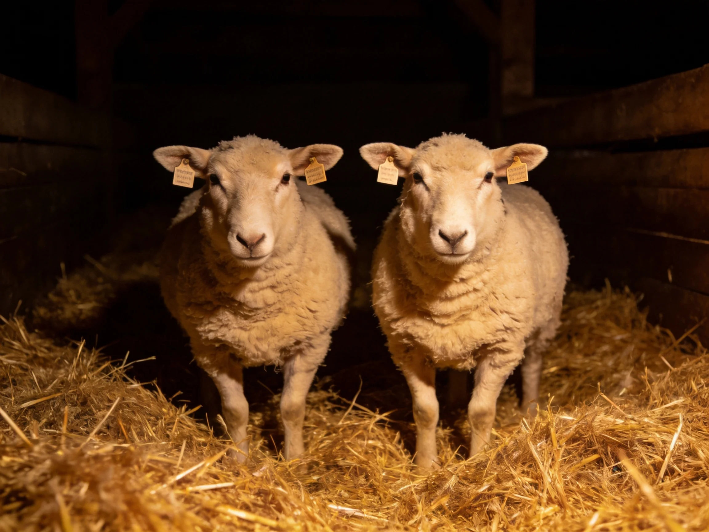 Two woolly sheep stand on golden straw in a dim barn.