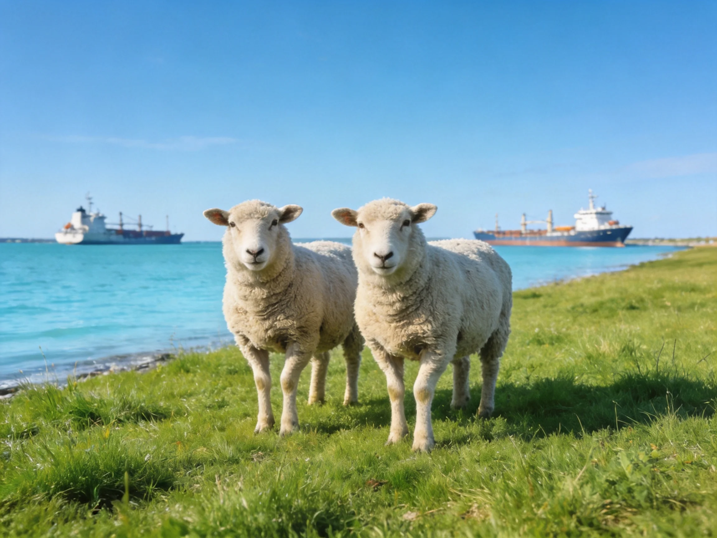 Two woolly sheep stand on lush green grass near turquoise water with cargo ships