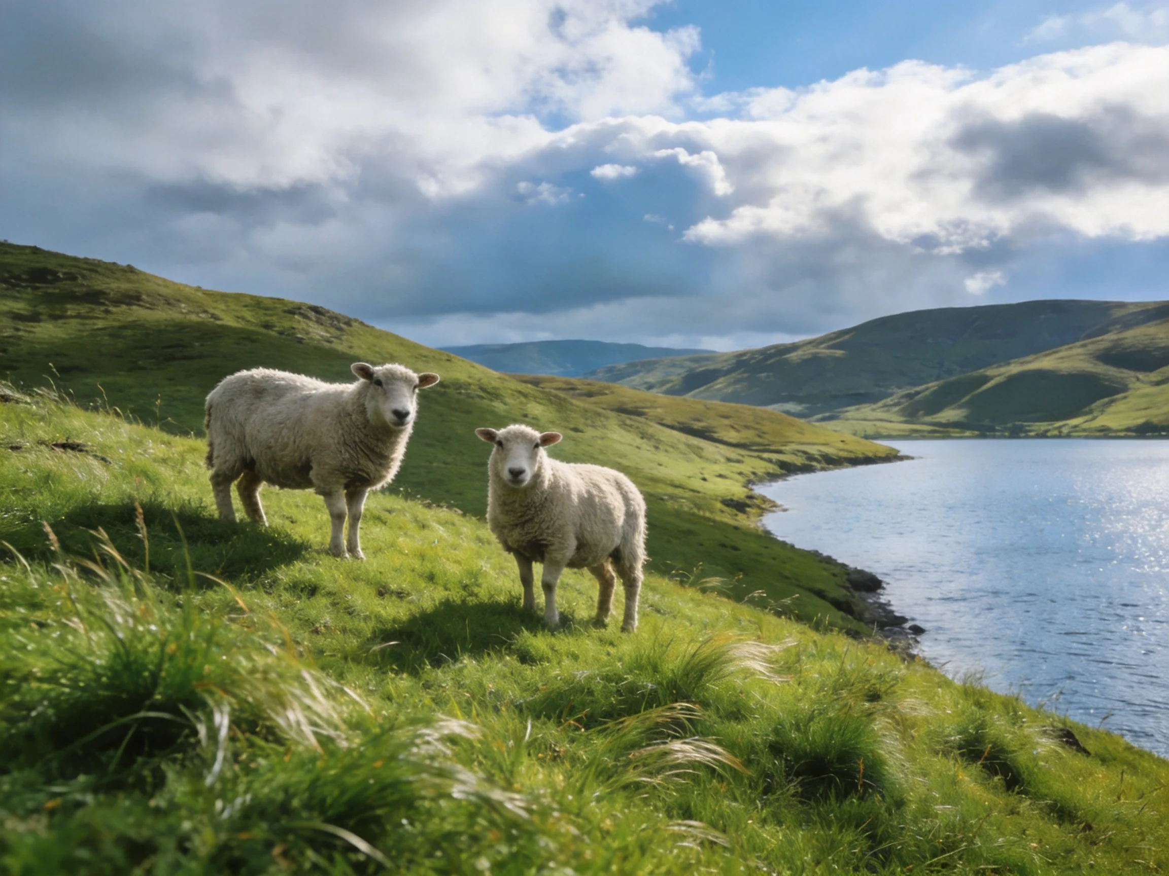 Two woolly sheep stand on lush green hills near a calm lake
