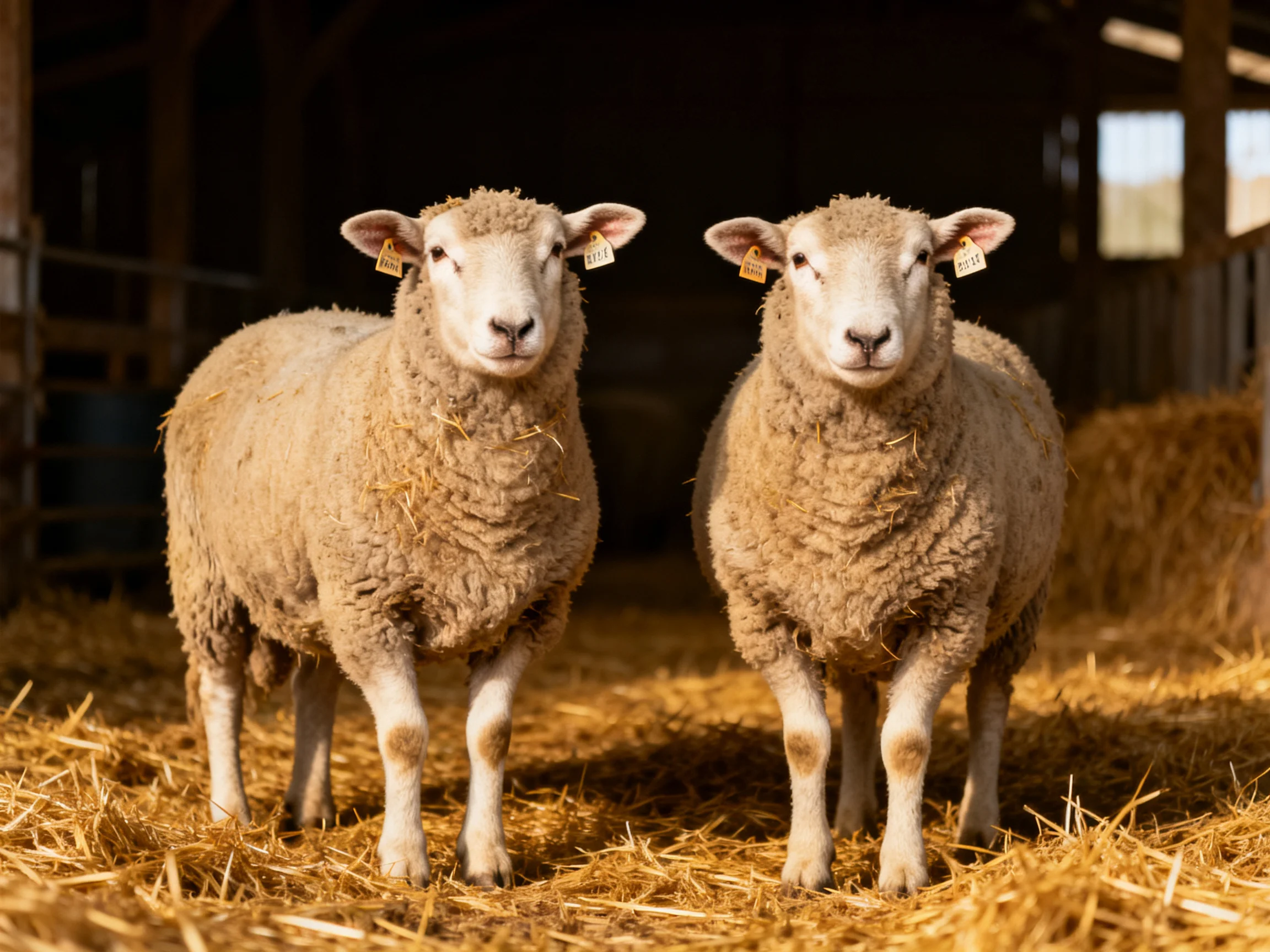 Two woolly sheep standing on golden straw inside a dim barn