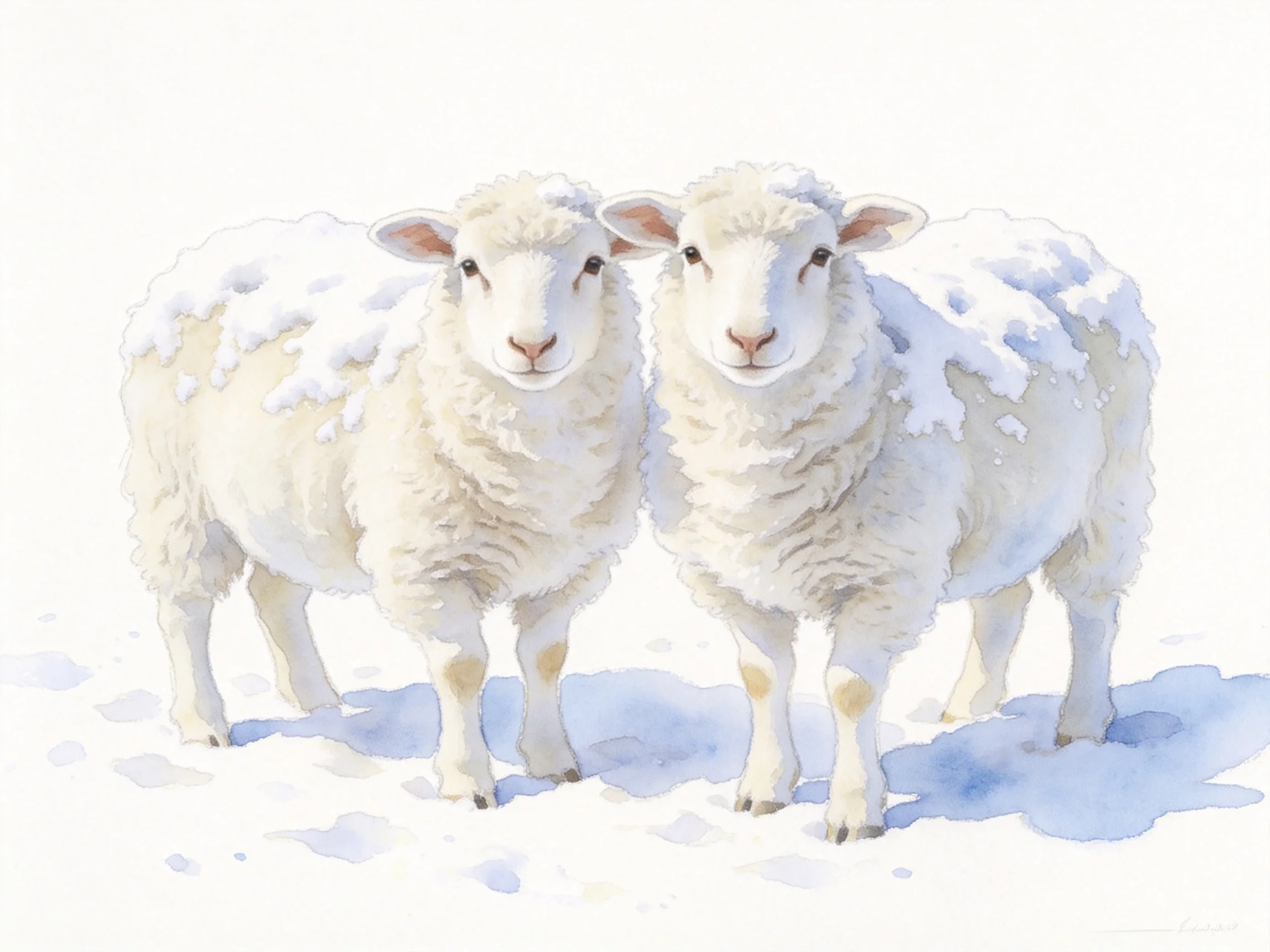 Two woolly sheep standing side by side in snowy landscape