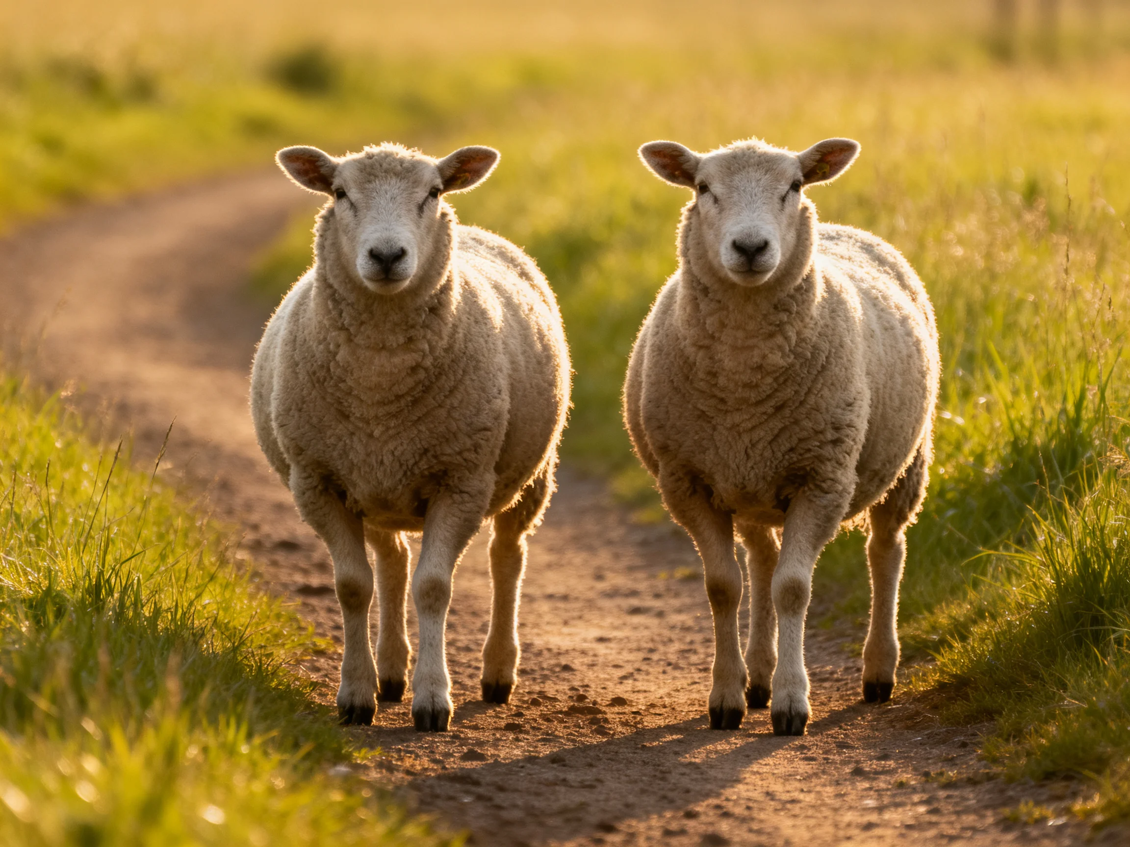 Two woolly sheep stroll along a sun-drenched dirt path